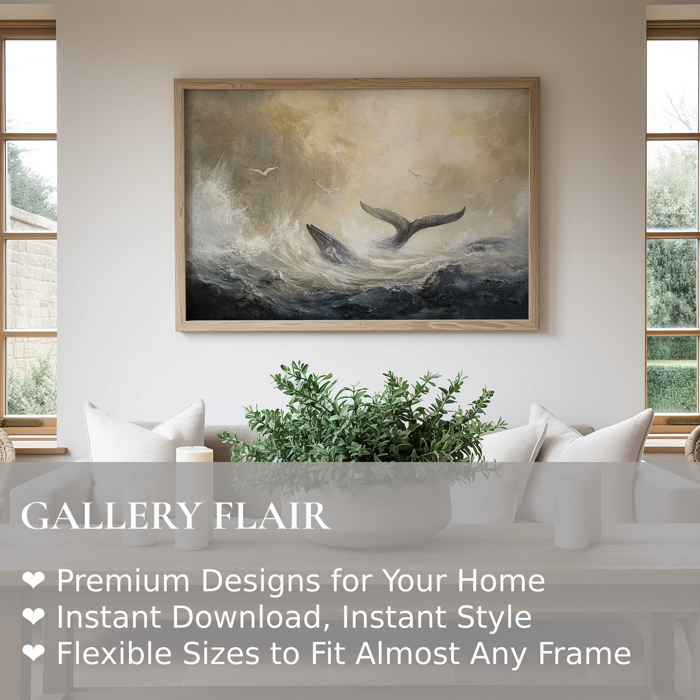 Majestic beach wall art print capturing a serene whale tail amid radiant waves, enhancing modern coastal interiors with calming oceanic elegance