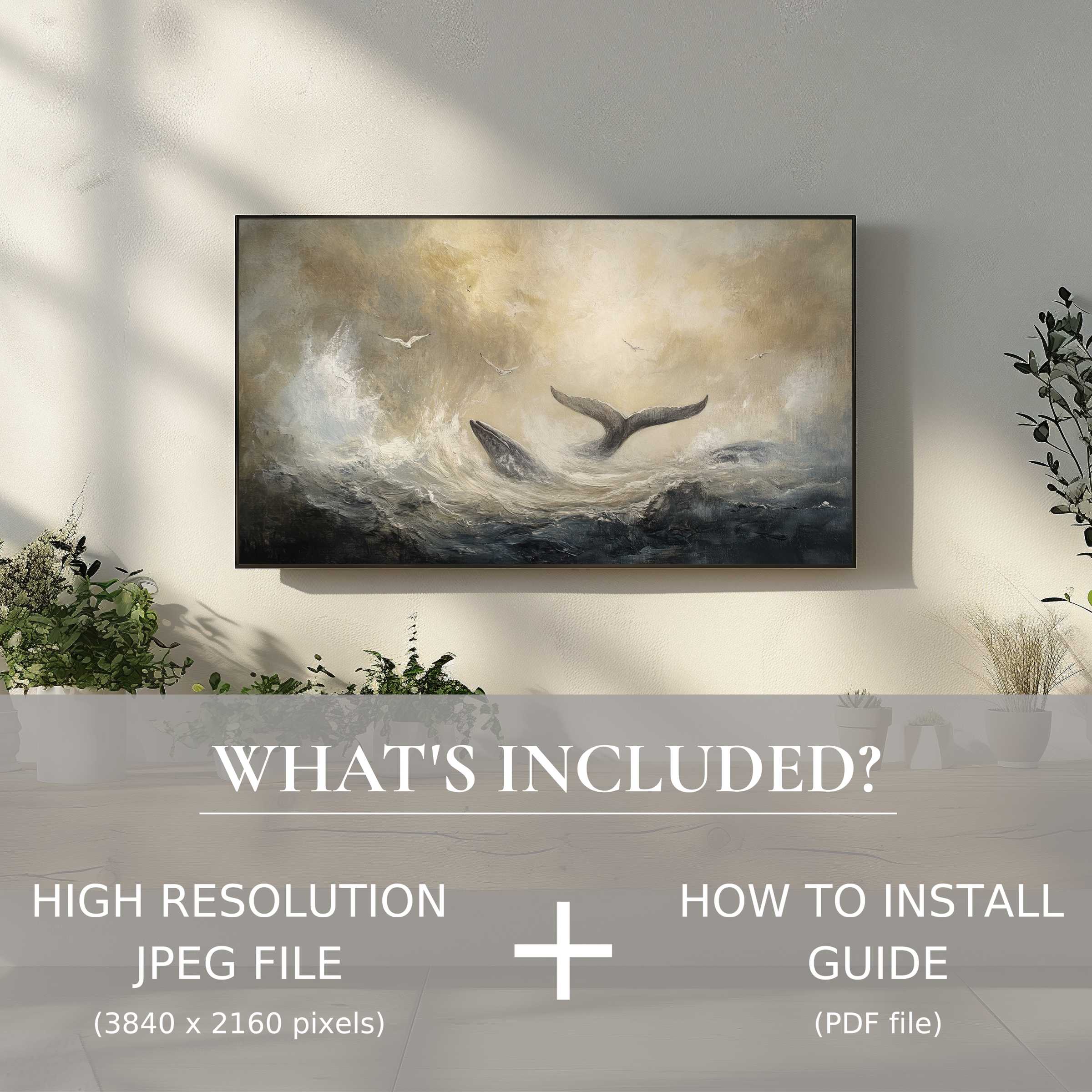 Elegant beach digital TV art download with easy use, elevating living space with serene ocean whale imagery
