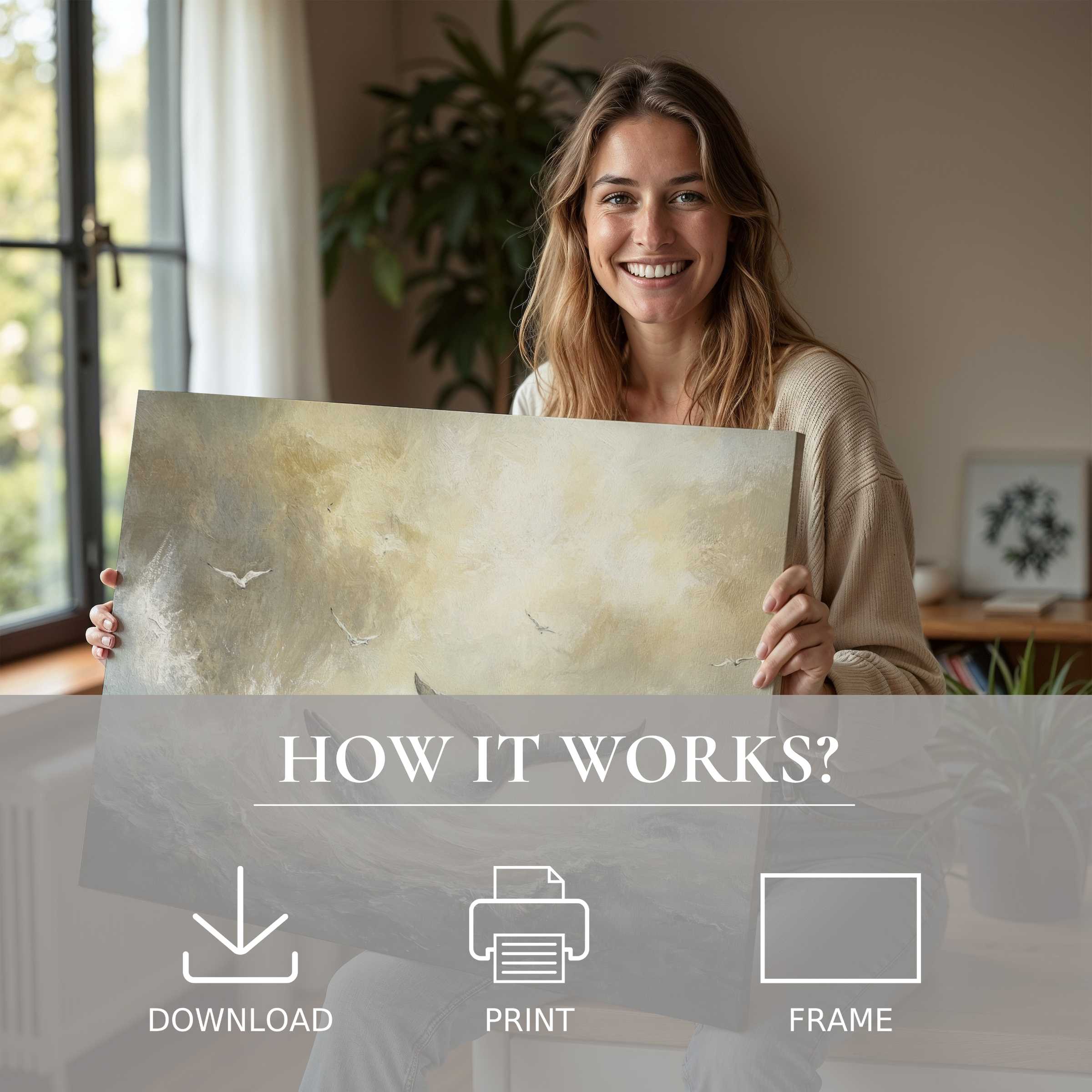 Joyful woman in a modern, sunlit home embracing a serene beach digital art print, celebrating effortless elegance and soulful decor