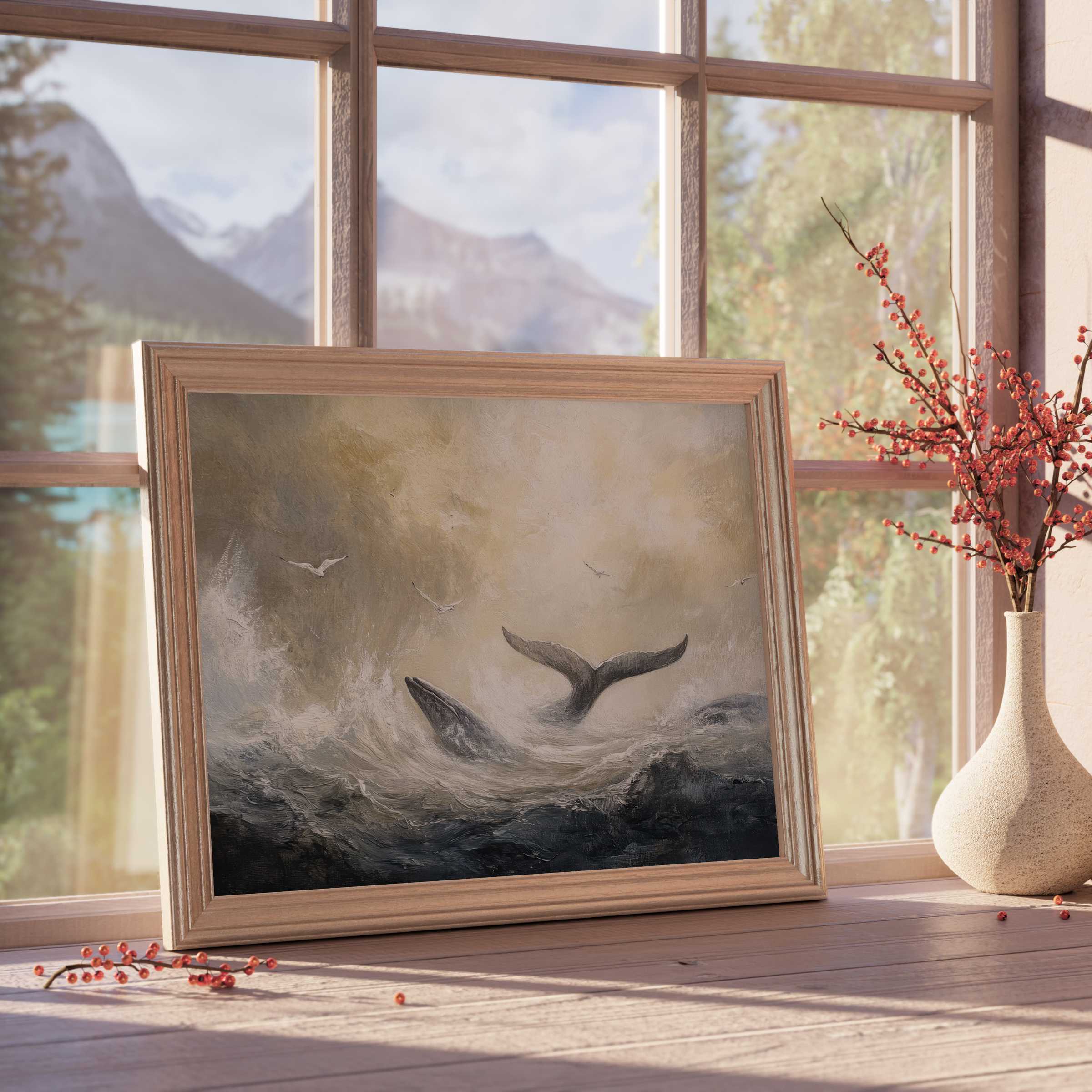 Beach downloadable art capturing the majestic whale tail amid serene waves, elevating tranquil, curated coastal interiors