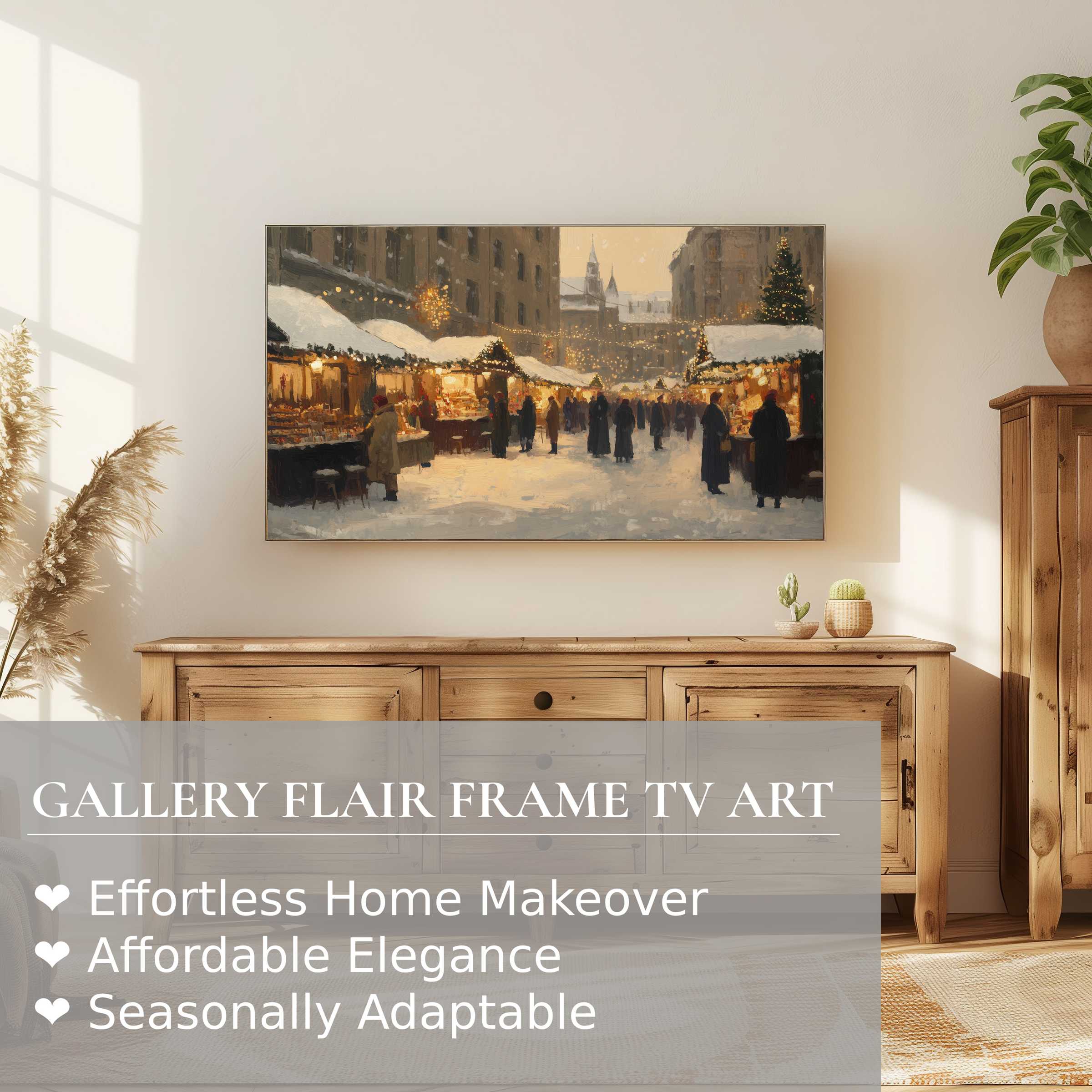 Elegant Christmas digital artwork of a snowy market scene displayed on Samsung Frame TV in a modern home