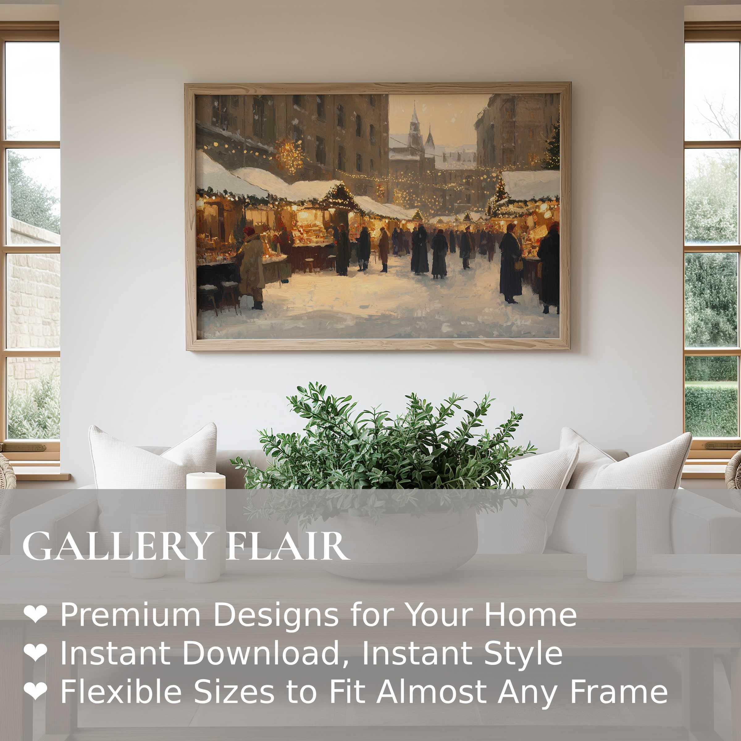 Christmas wall art print capturing a radiant snowy market scene with warm lights, perfect for modern minimalist interiors, elevating festive ambiance