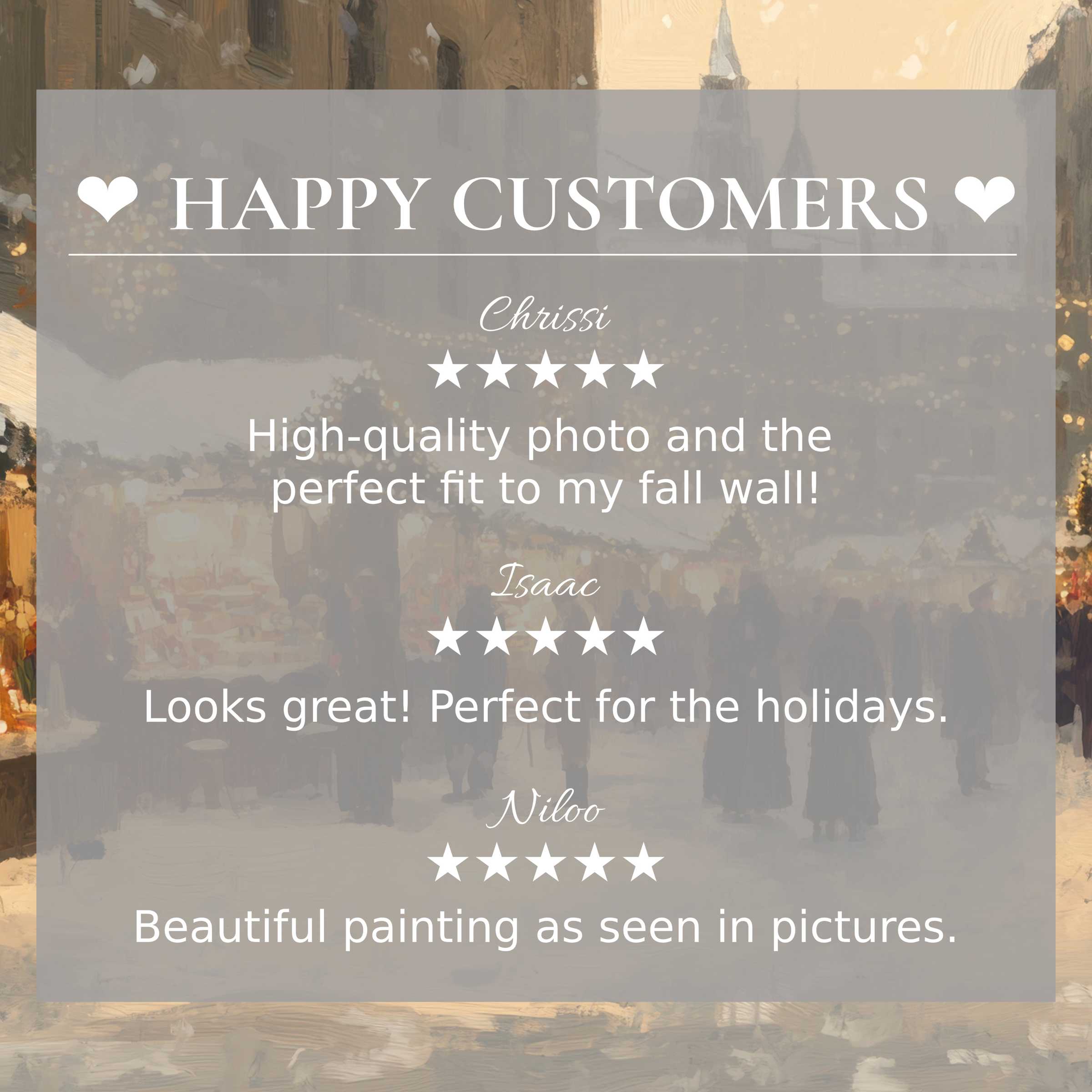 Elegant christmas art for Frame TV with muted cityscape tones and a happy customer reviews layout that inspires trust