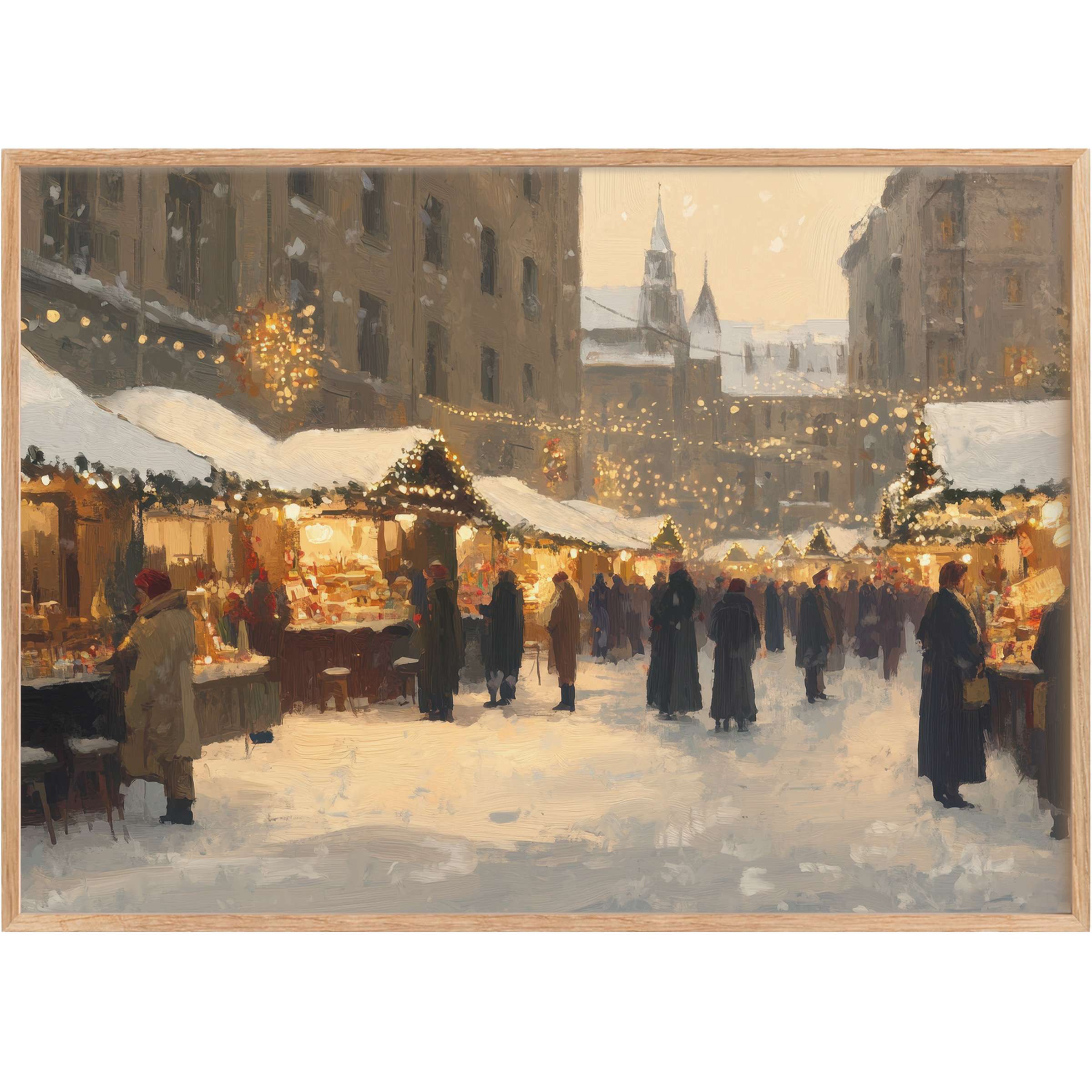 Enchanting Christmas printable wall art capturing a warm, golden-lit winter market scene that radiates timeless festive charm