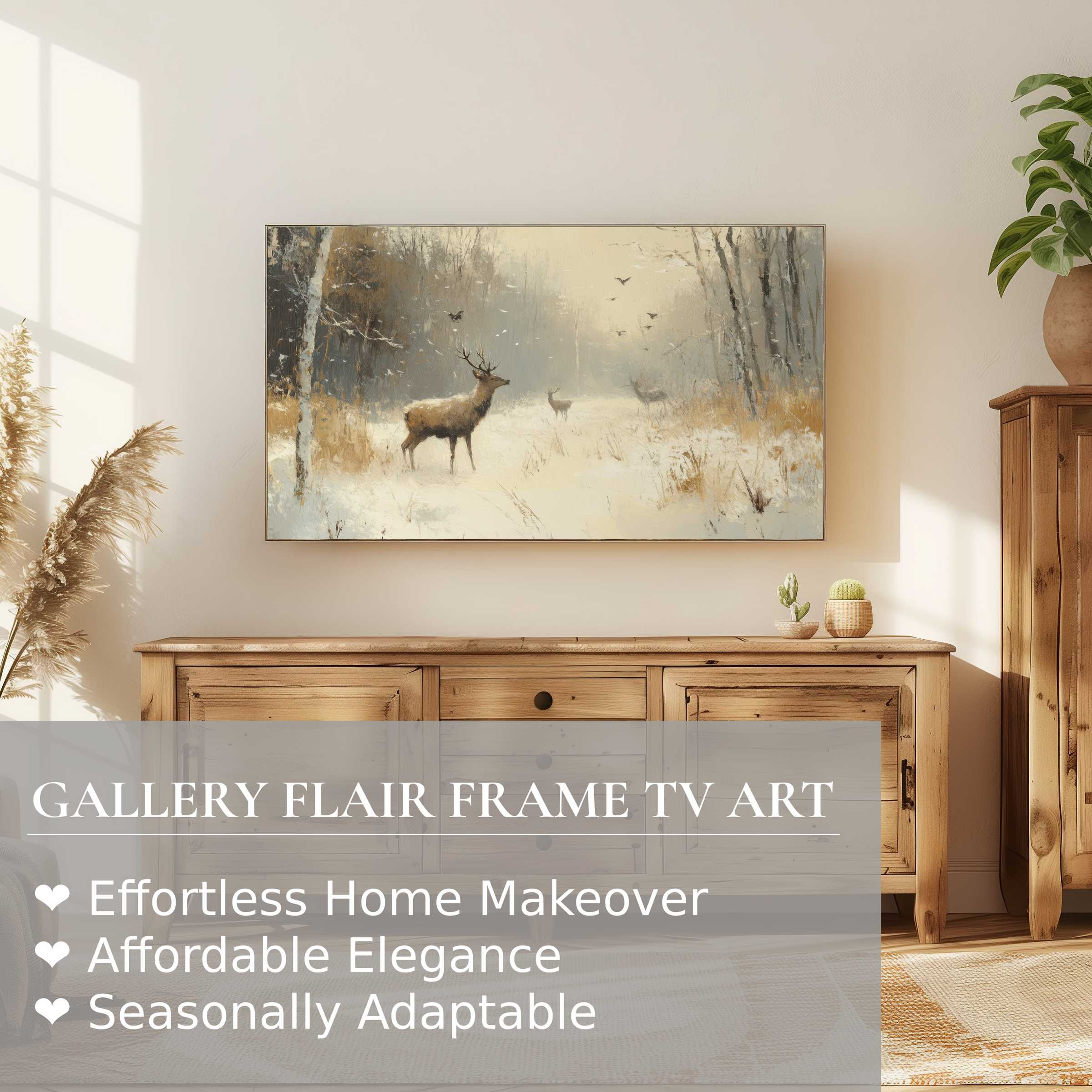 Samsung Frame TV displays serene winter digital artwork of deer in a misty forest, perfect for refined home decor