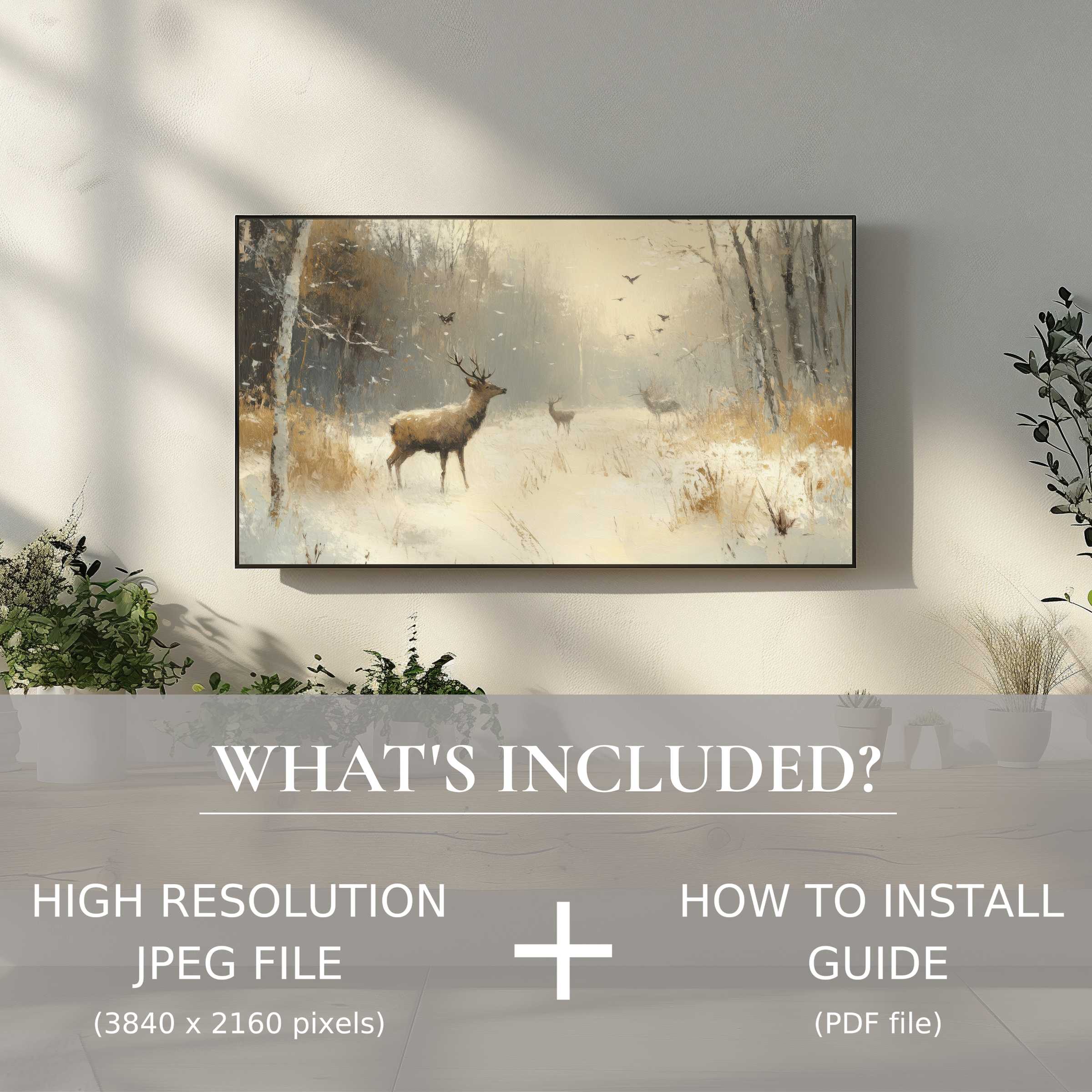Elegant winter digital TV art download featuring serene deer scene, easy digital use to enhance your stylish living space