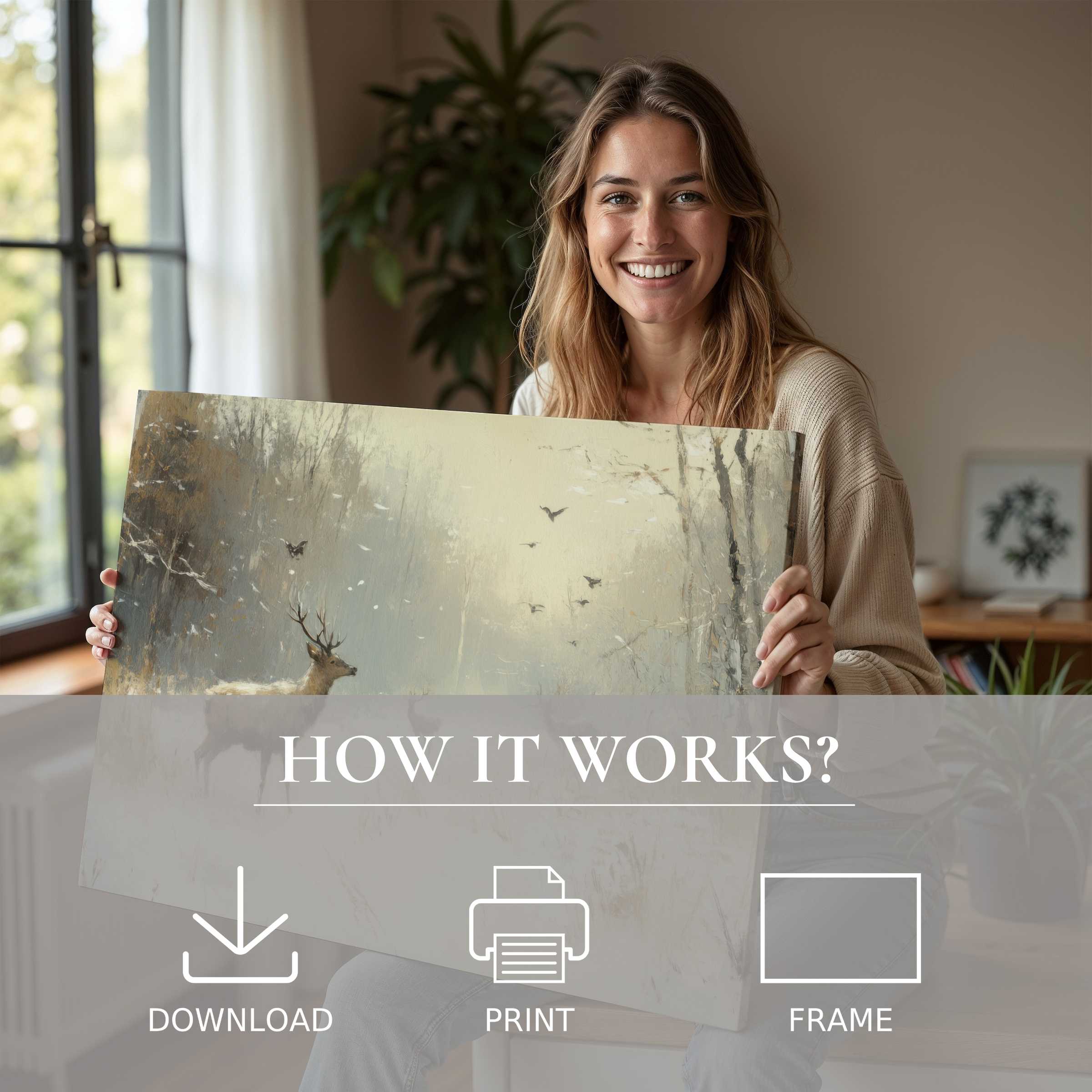 A serene moment of joyful connection with a winter digital art print, elevating modern homes with effortless elegance