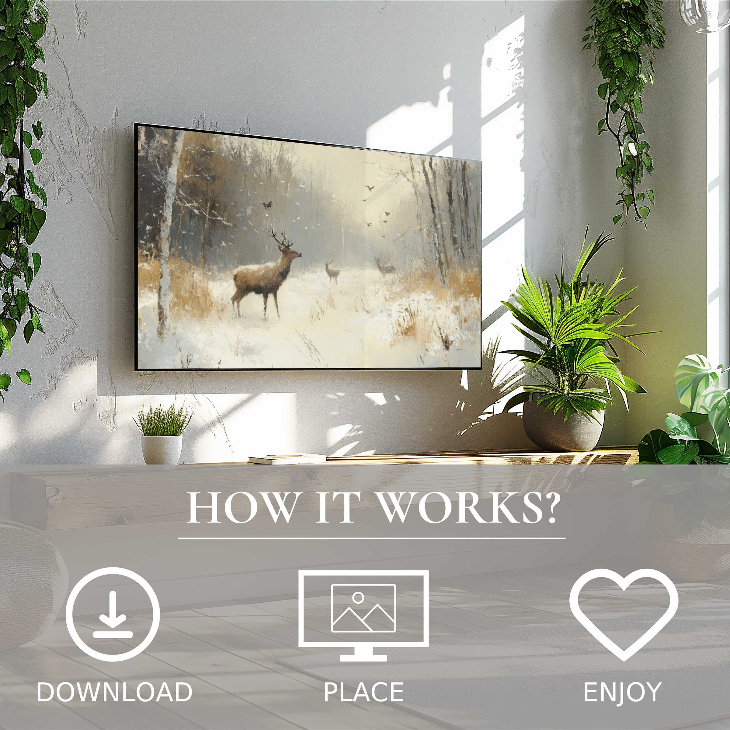 Winter art for Samsung TV shows serene deer in soft winter tones, easy digital download enriching modern living spaces