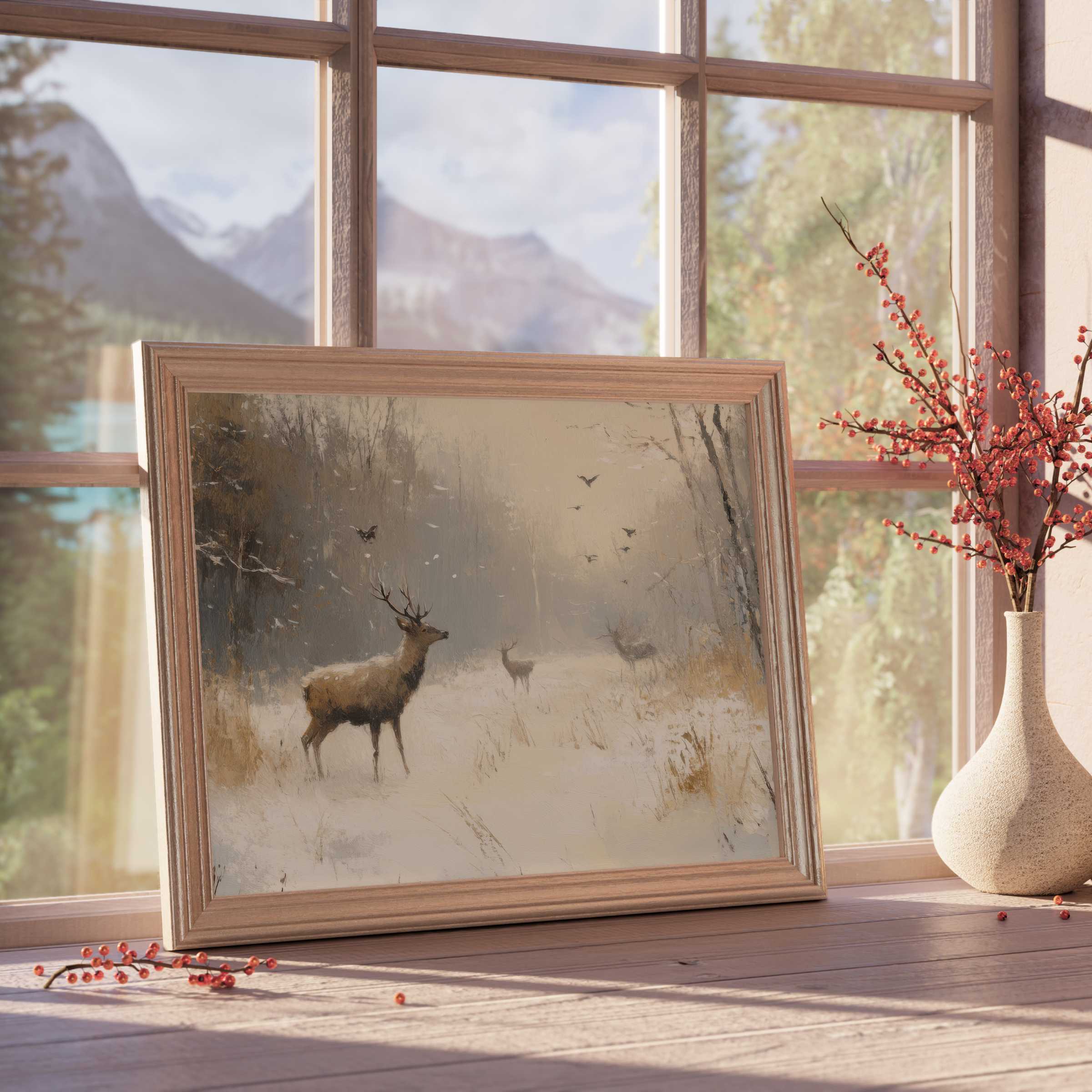 Winter downloadable art capturing serene elk amid soft snowfall, perfect for elevating tranquil, curated interiors with warm, nature-inspired elegance