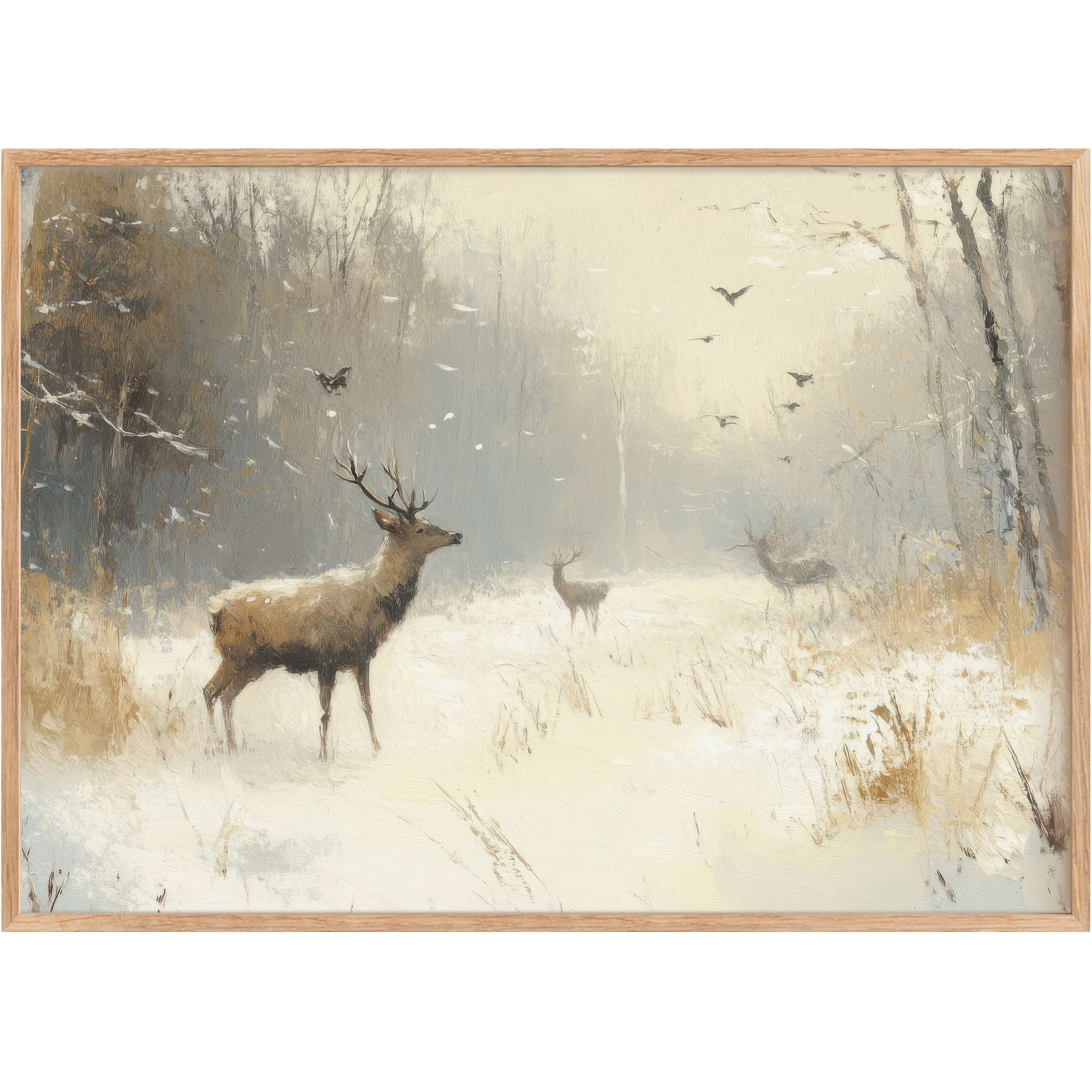 Winter printable wall art capturing serene wildlife in muted grays and warm earth tones, evoking calm and timeless elegance