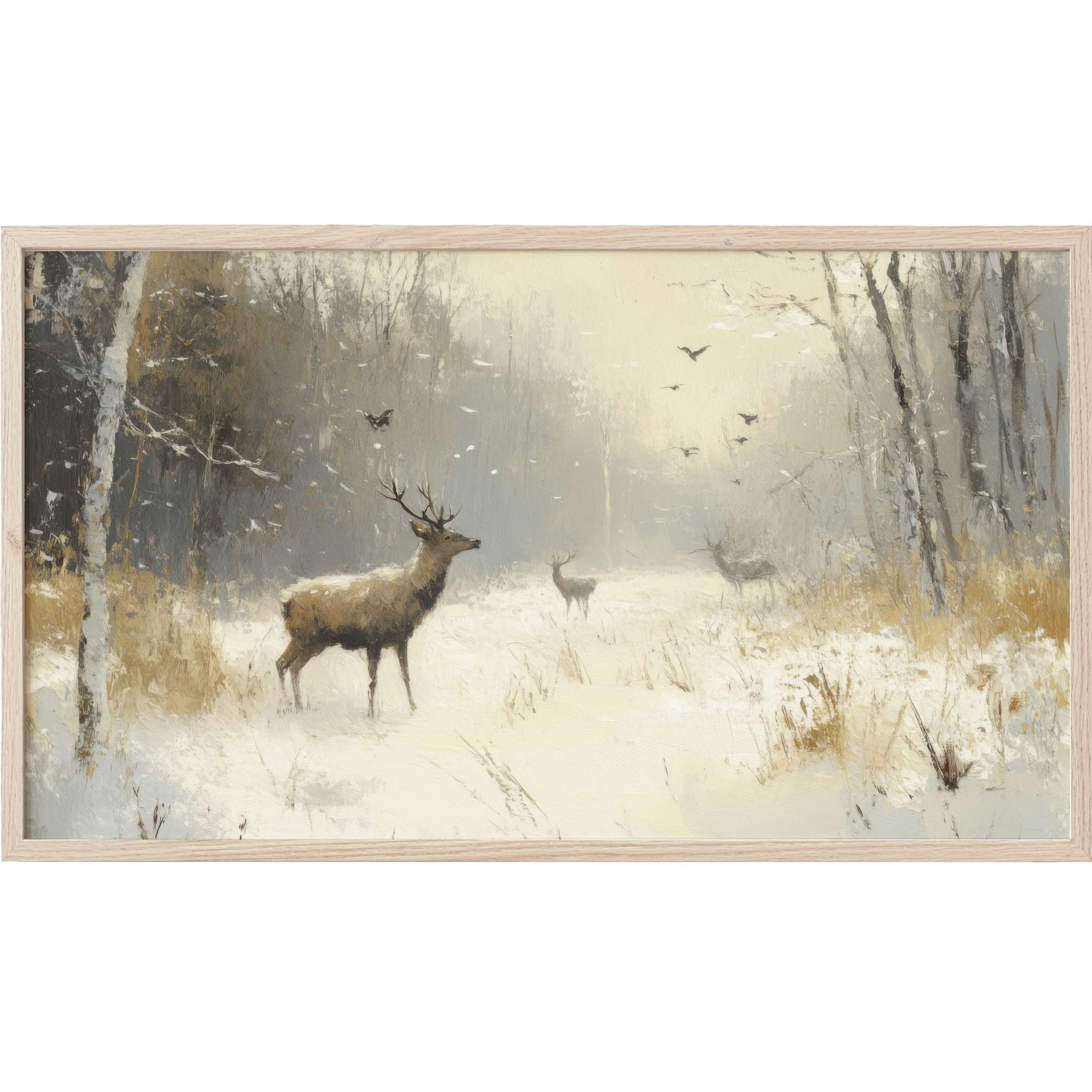Winter Frame TV Art depicting serene deer in a soft, muted palette of cream, gray, and earthy tones in a snowy forest