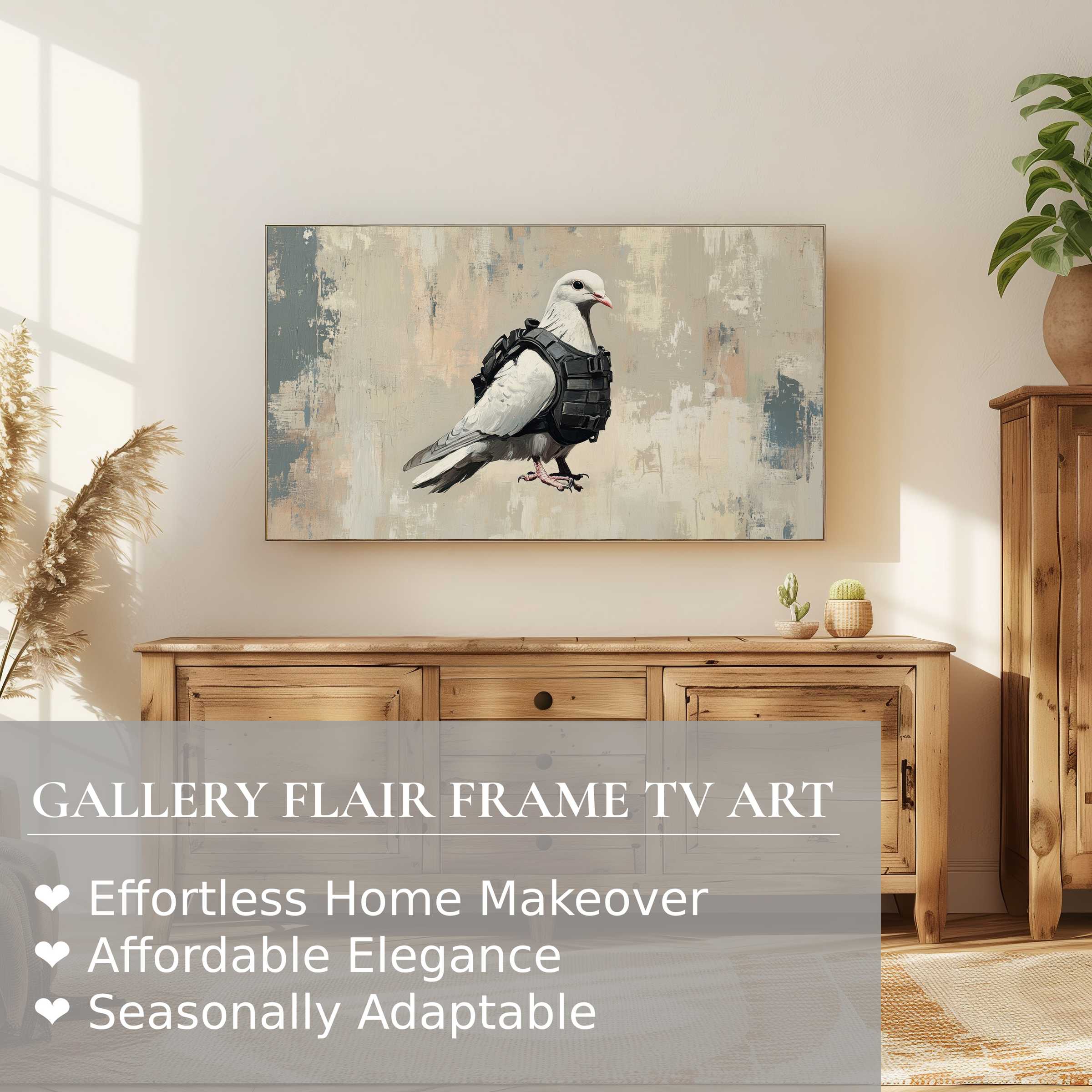 Samsung Frame TV displays street art digital artwork of a pigeon with tactical vest, blending modern edge and elegance