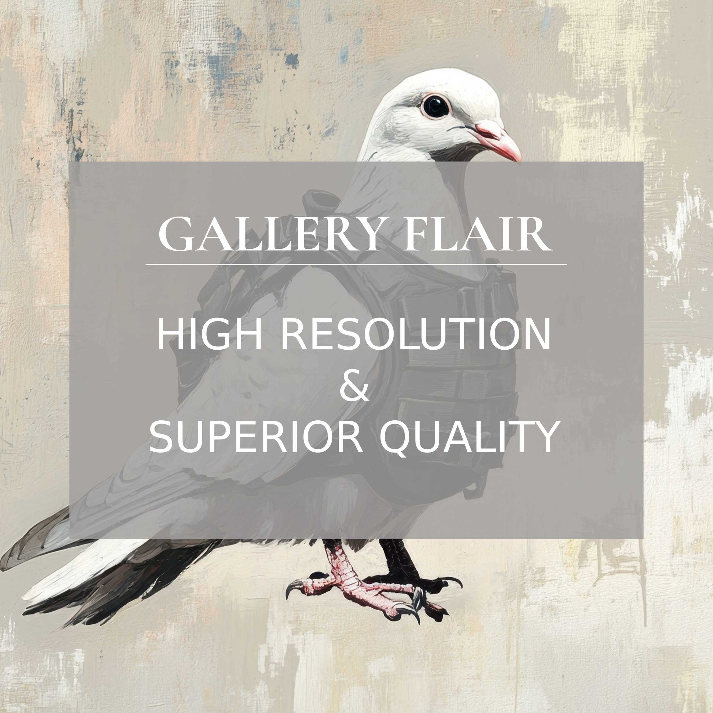 Street art printable art featuring a bold white dove in tactical gear, adding edgy sophistication and refined detail to modern interiors