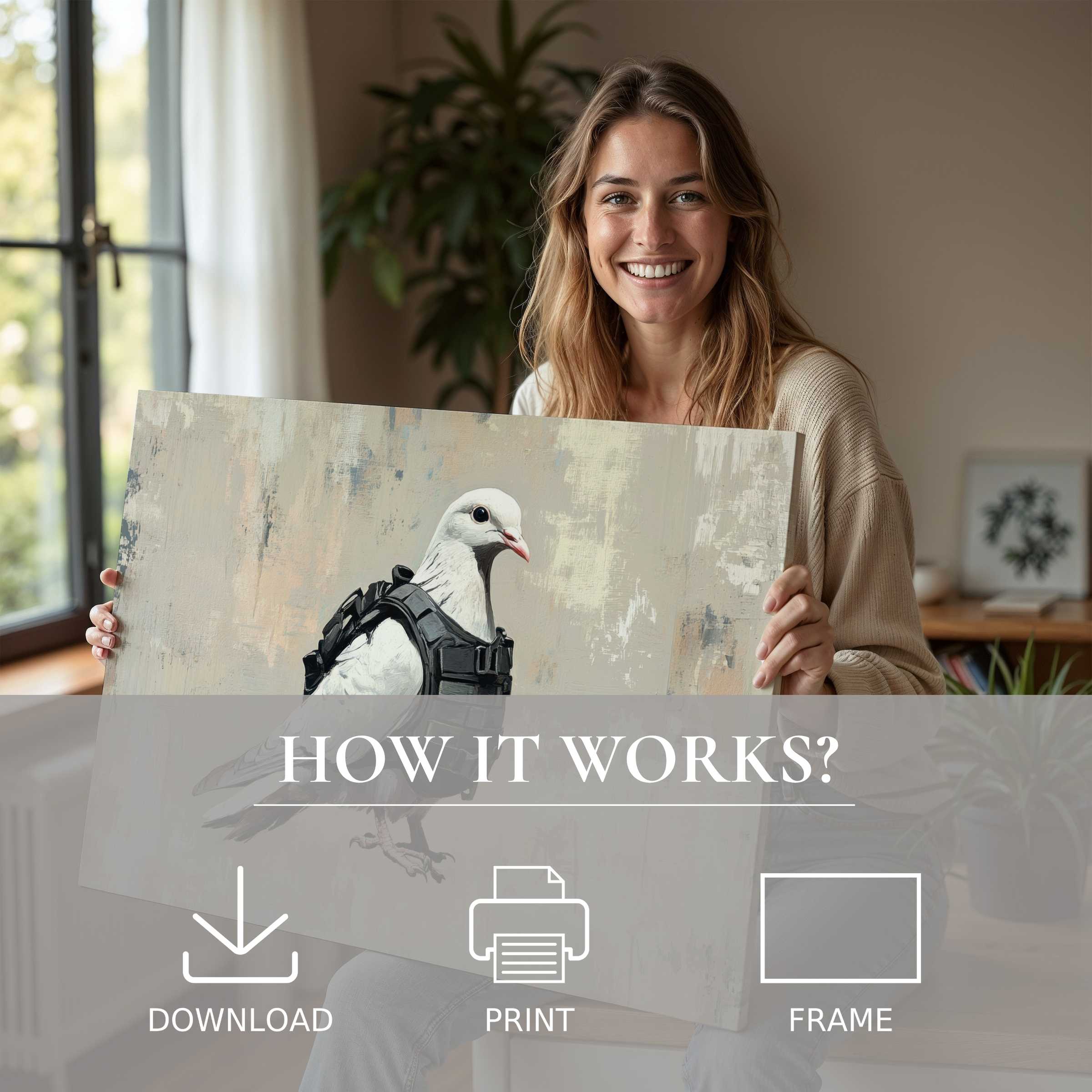 Bright, serene moment capturing a woman’s joy with a street art digital art print, embodying effortless elegance in modern home decor
