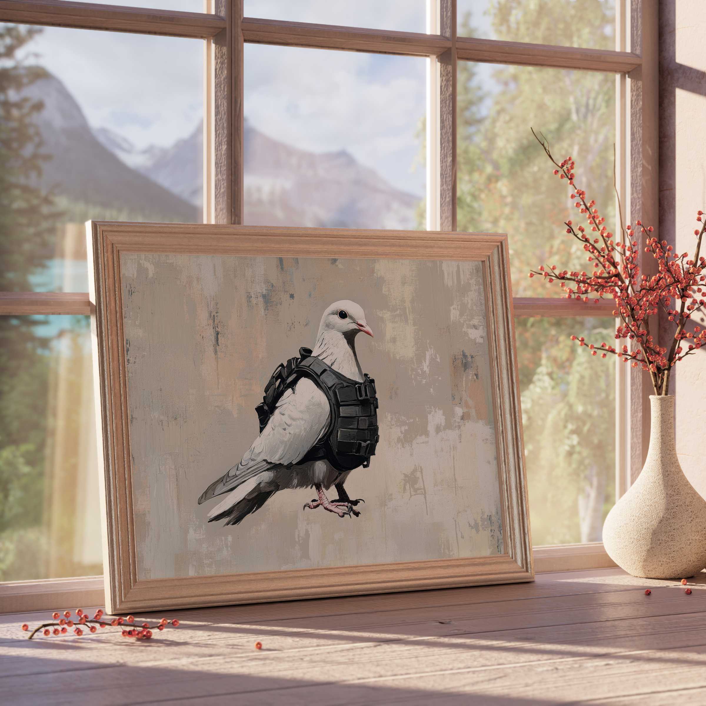 Street art downloadable art of a white dove in tactical gear, blending urban edge with serene minimalism for chic, tranquil interiors