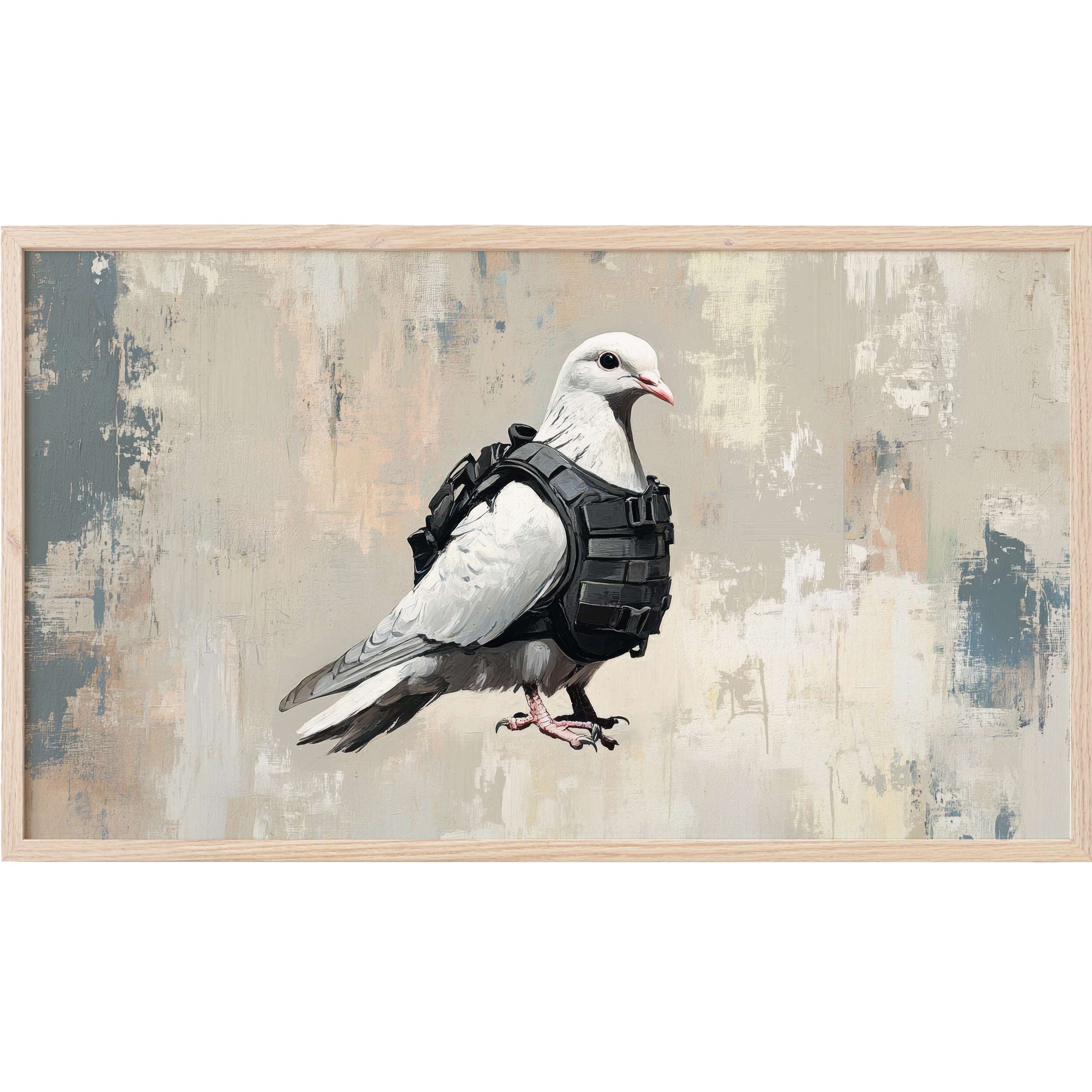 Minimalist street art Frame TV Art of a white dove wearing a black tactical vest against textured beige tones
