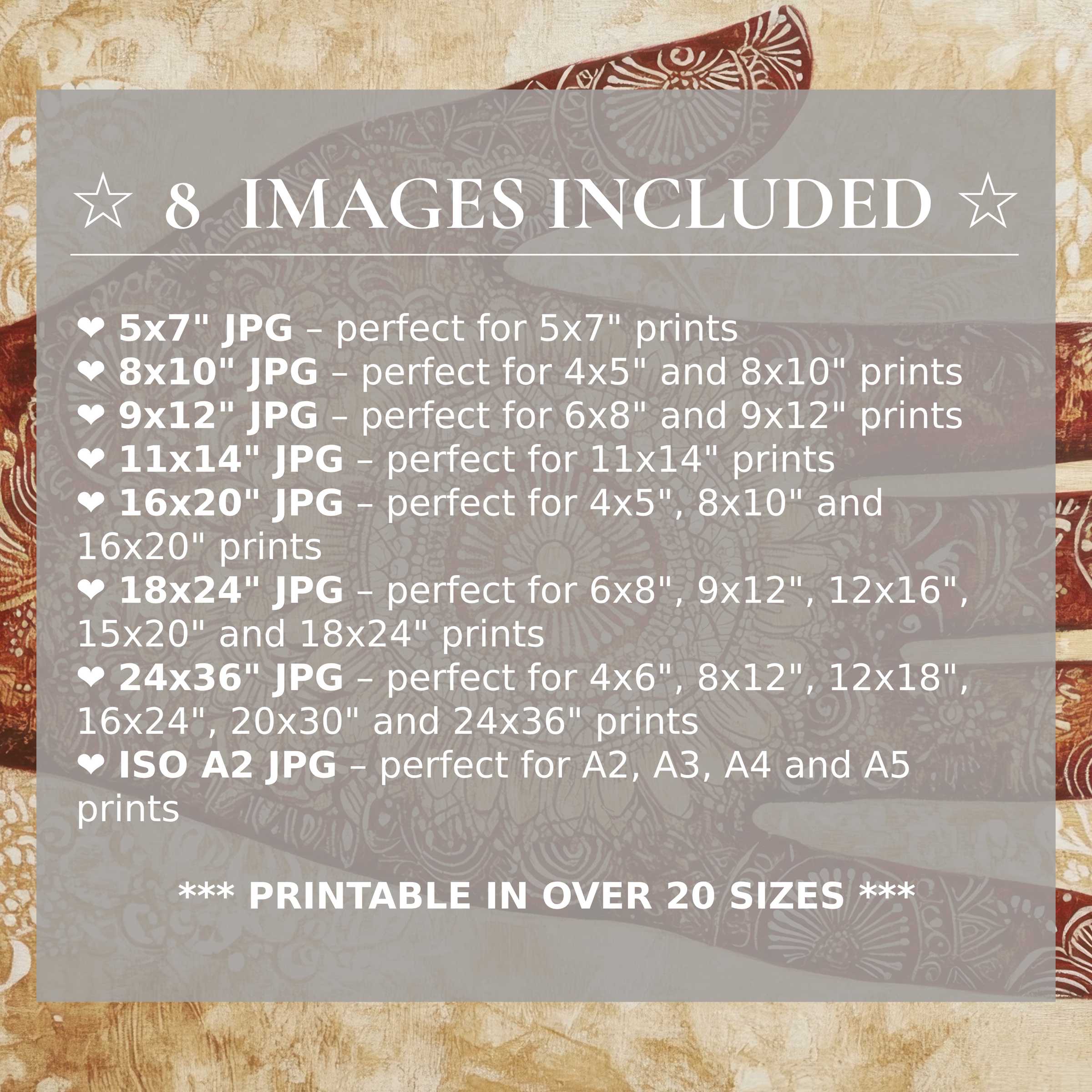 Warm boho digital print in earthy terracotta and cream tones radiates calm sophistication, offered in 8 high-quality sizes included