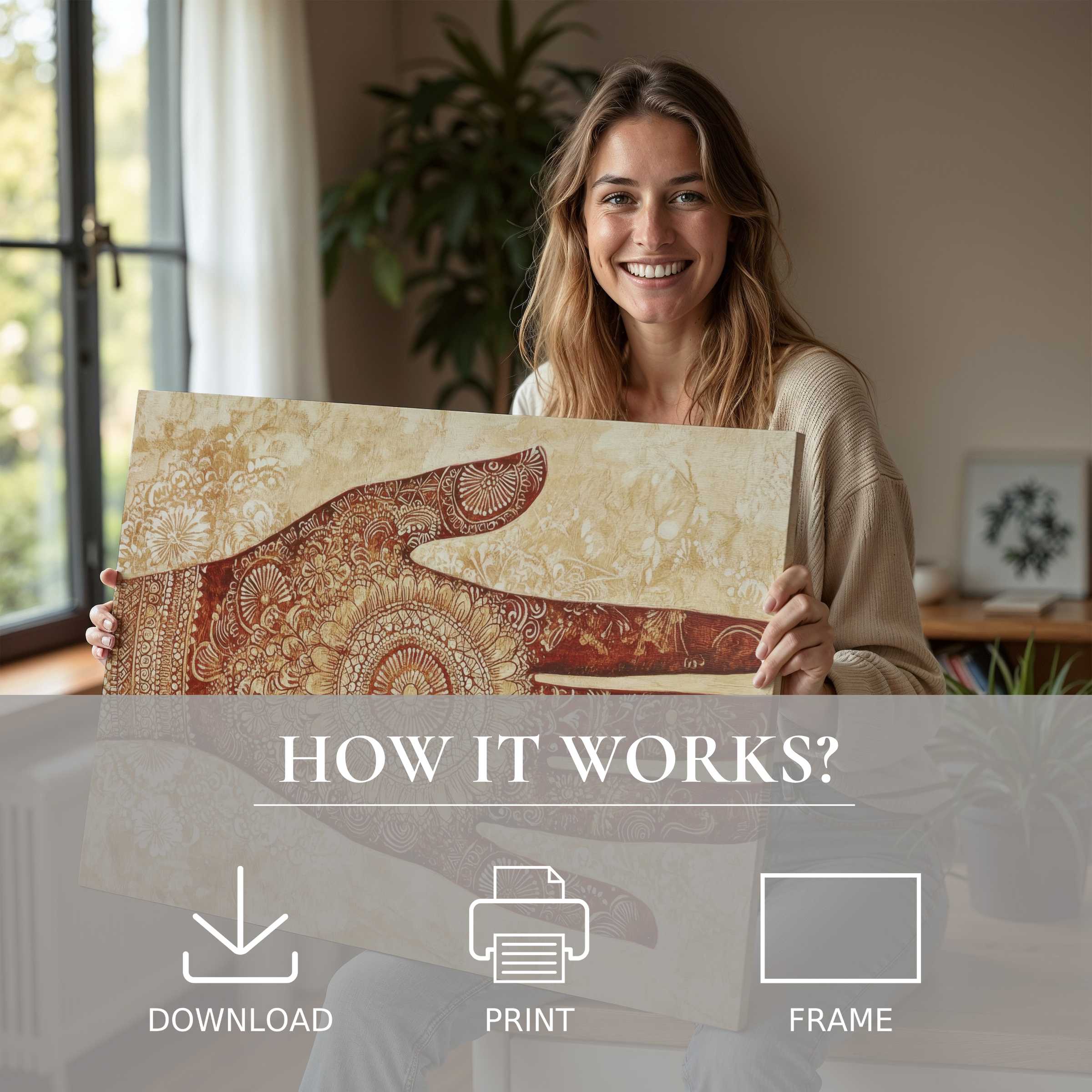 A radiant moment of connection and joy with a boho digital art print, effortlessly elevating serene modern living