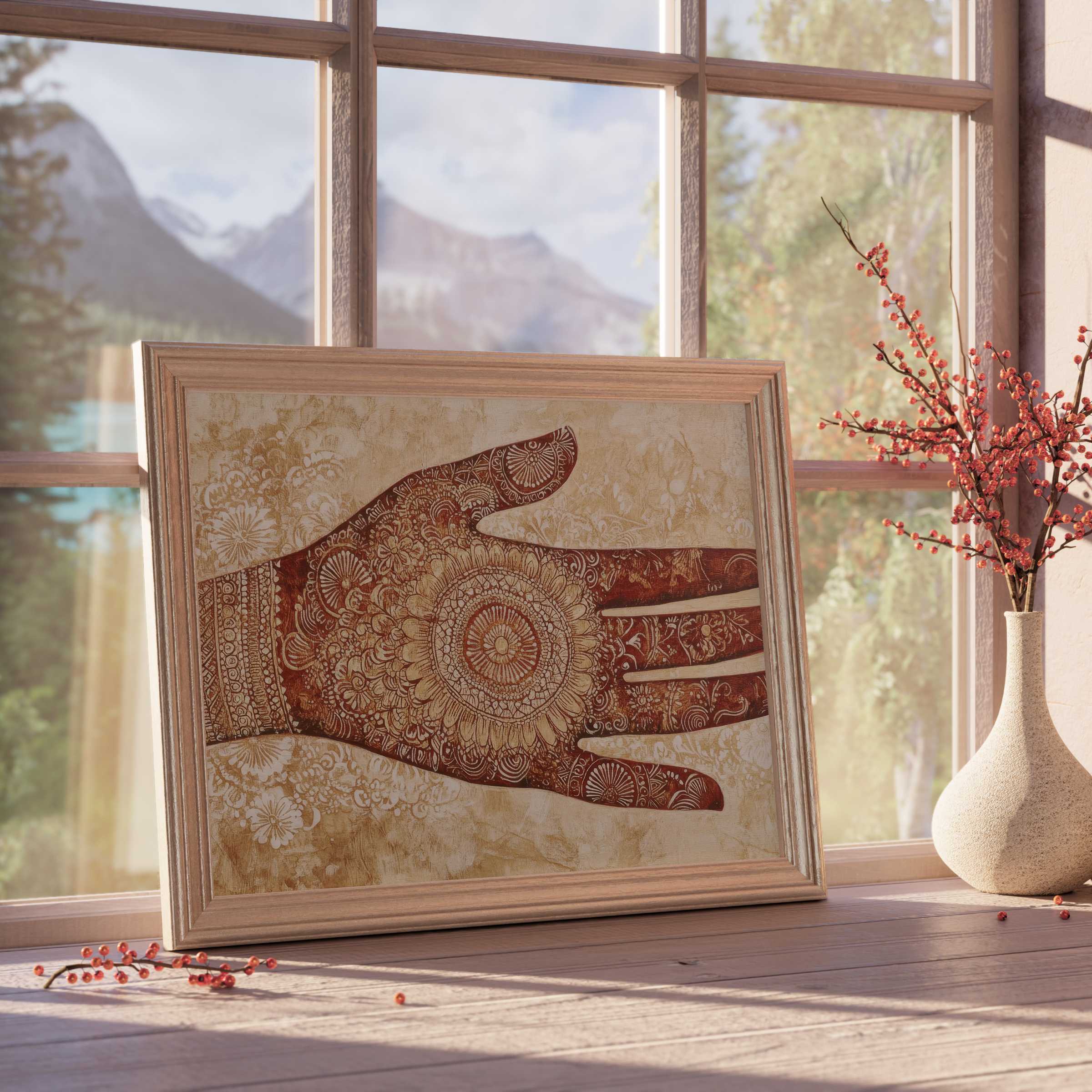 Boho downloadable art featuring intricate henna hand design, enriching serene, curated spaces with warm, earthy elegance and timeless charm