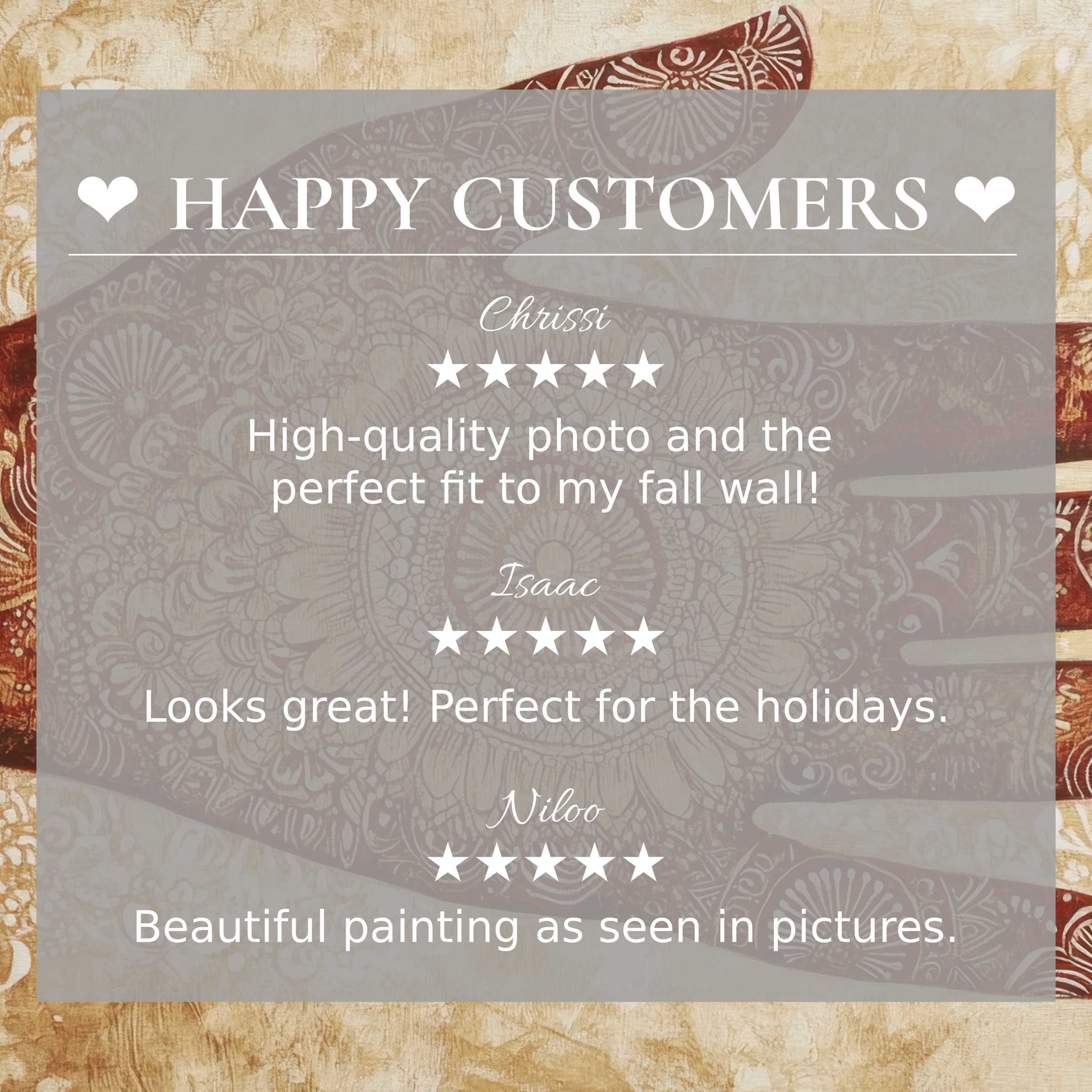 Boho art for Frame TV with abstract warm tones; layout builds trust featuring happy customer reviews and elegant style