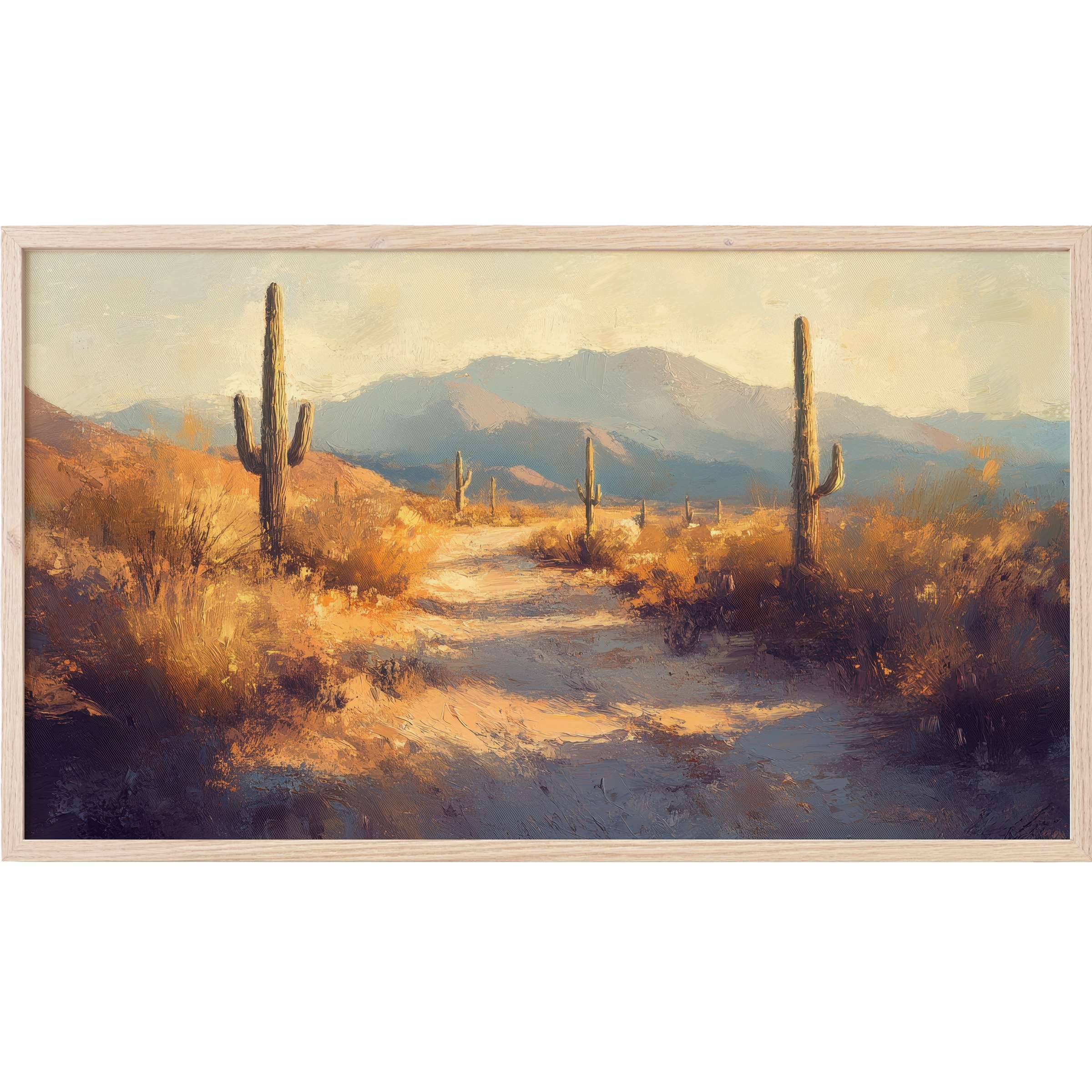 Sunlit desert path with towering cacti and muted mountains, warm hues blend in elegant summer Frame TV Art