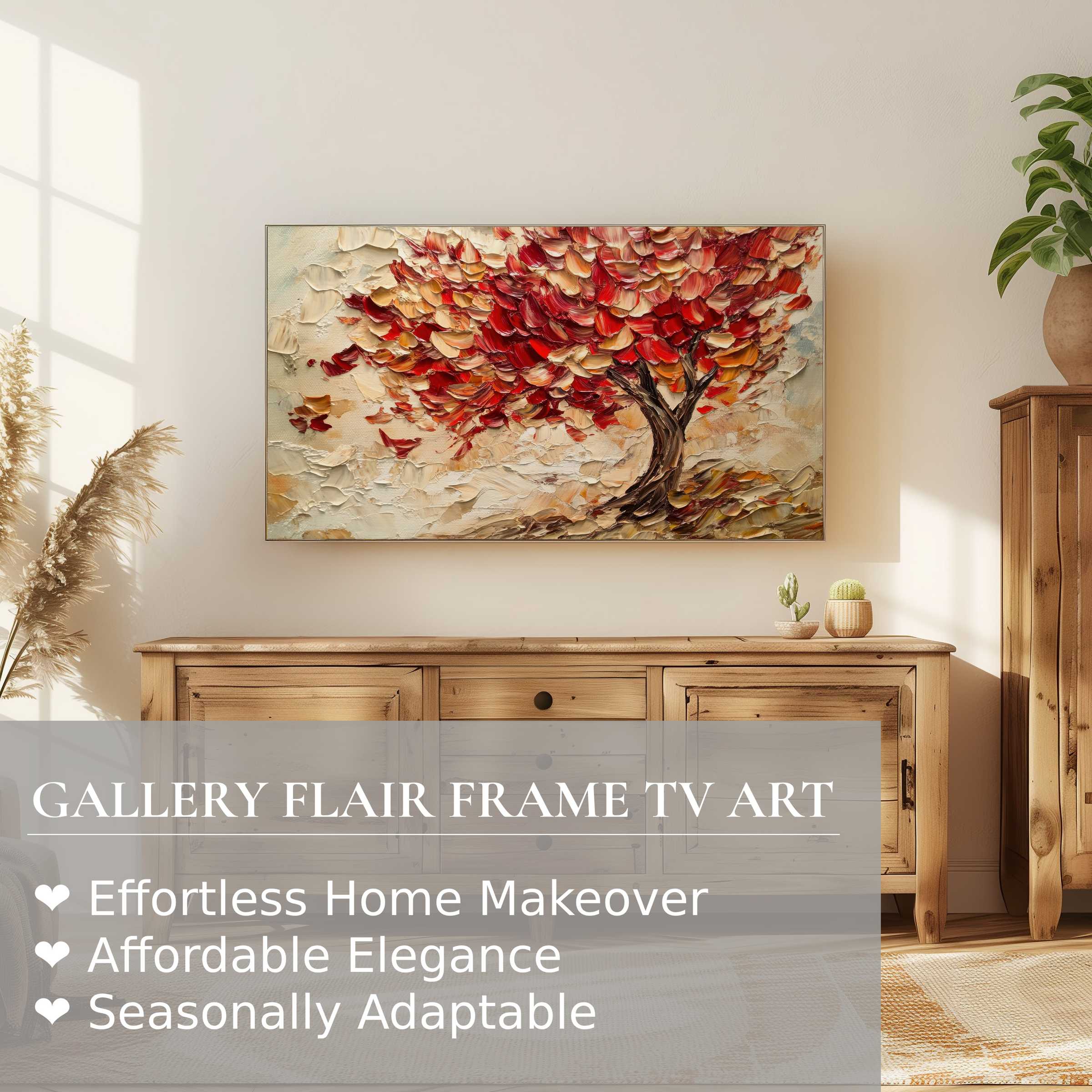 Samsung Frame TV showcasing textured fall digital artwork with vibrant autumn hues in a chic, modern living space