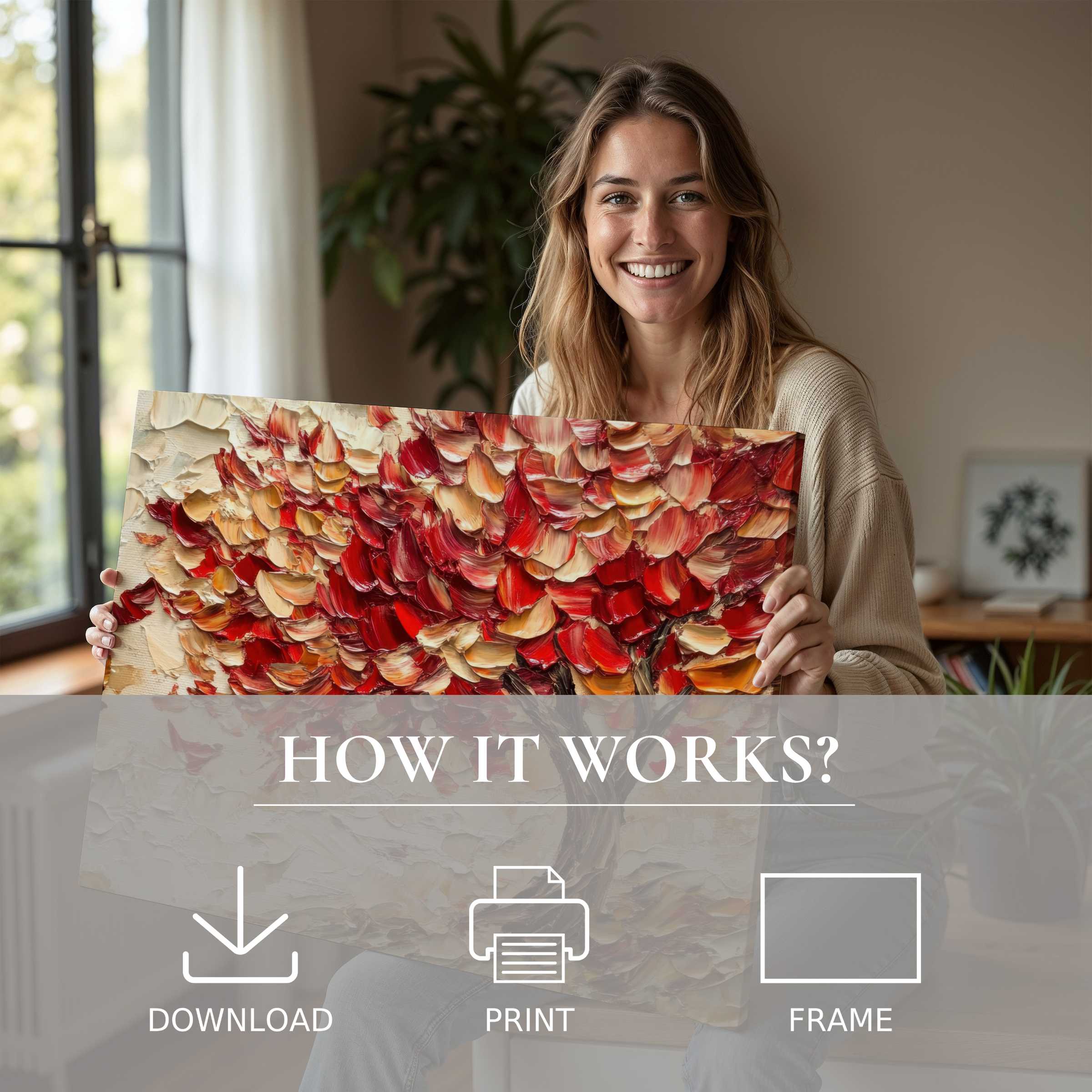 Woman in a modern, sunlit home shares fall digital art print, embodying joy in effortless art living and cozy autumn hues