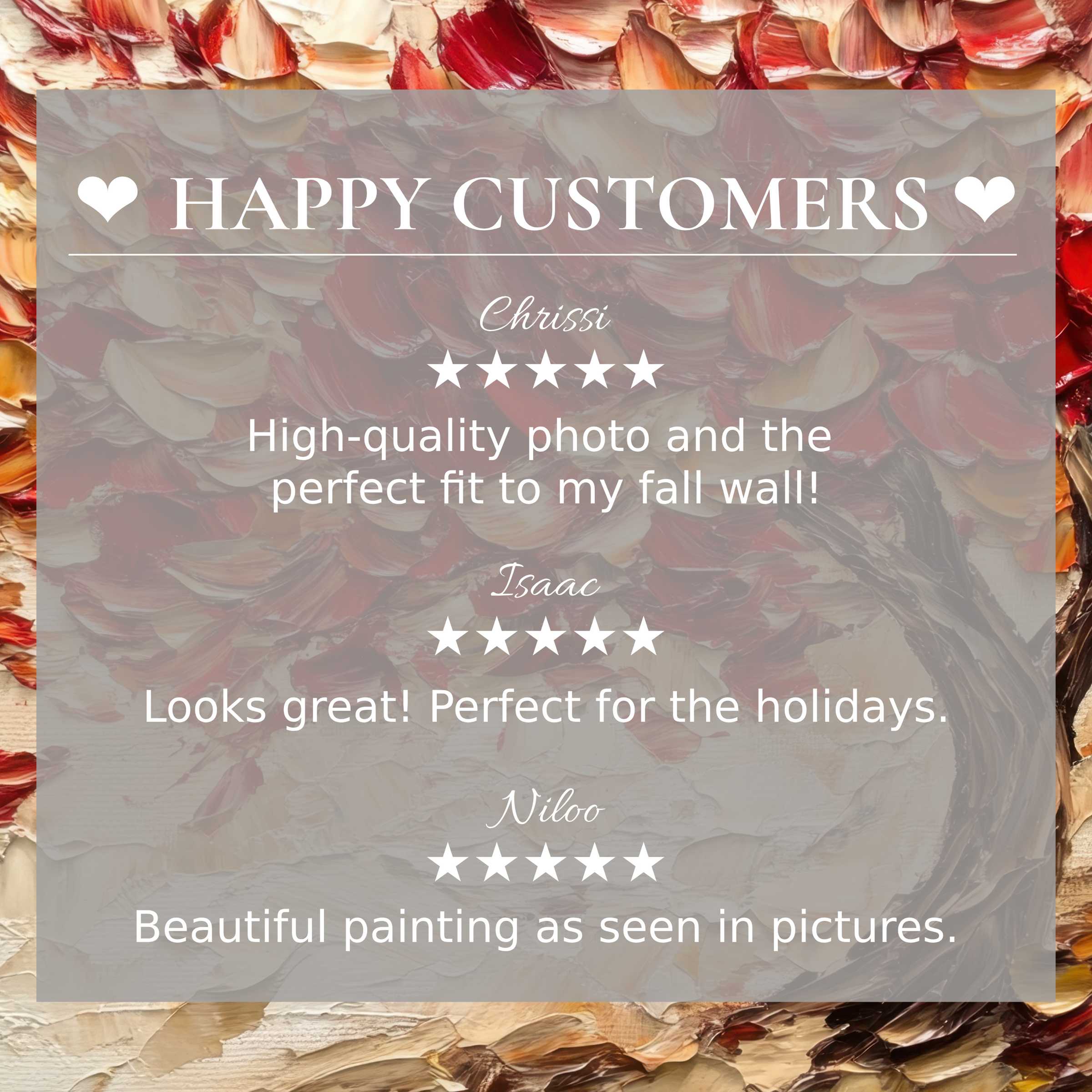 Elegant fall art for Frame TV with abstract sunset hues, showcasing happy customer reviews that inspire trust and style