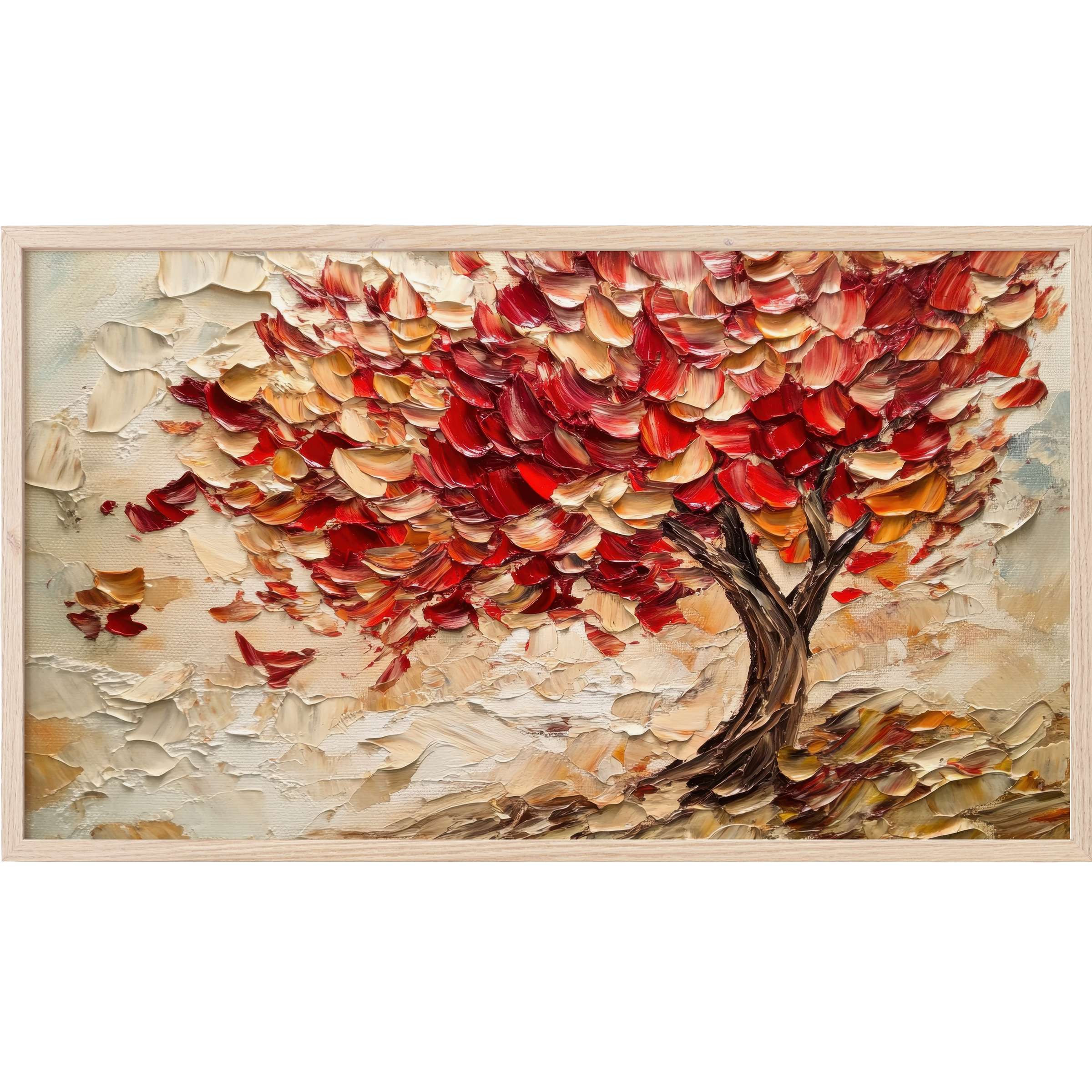 Fall Frame TV Art features a vibrant autumn tree with rich reds and warm creams in bold impasto style