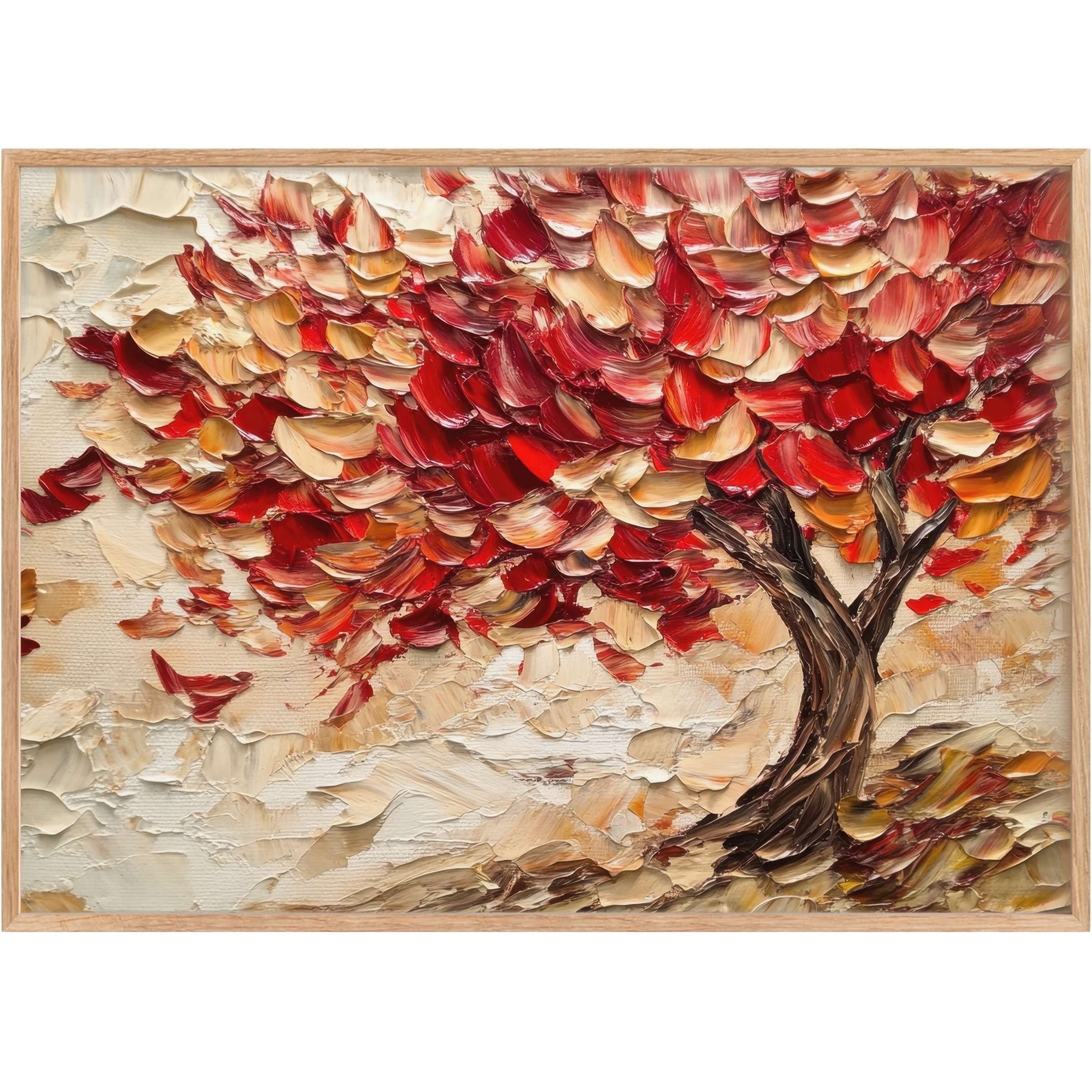Fall printable wall art capturing vibrant red and amber leaves with textured brushstrokes, evoking a warm, radiant autumnal ambiance