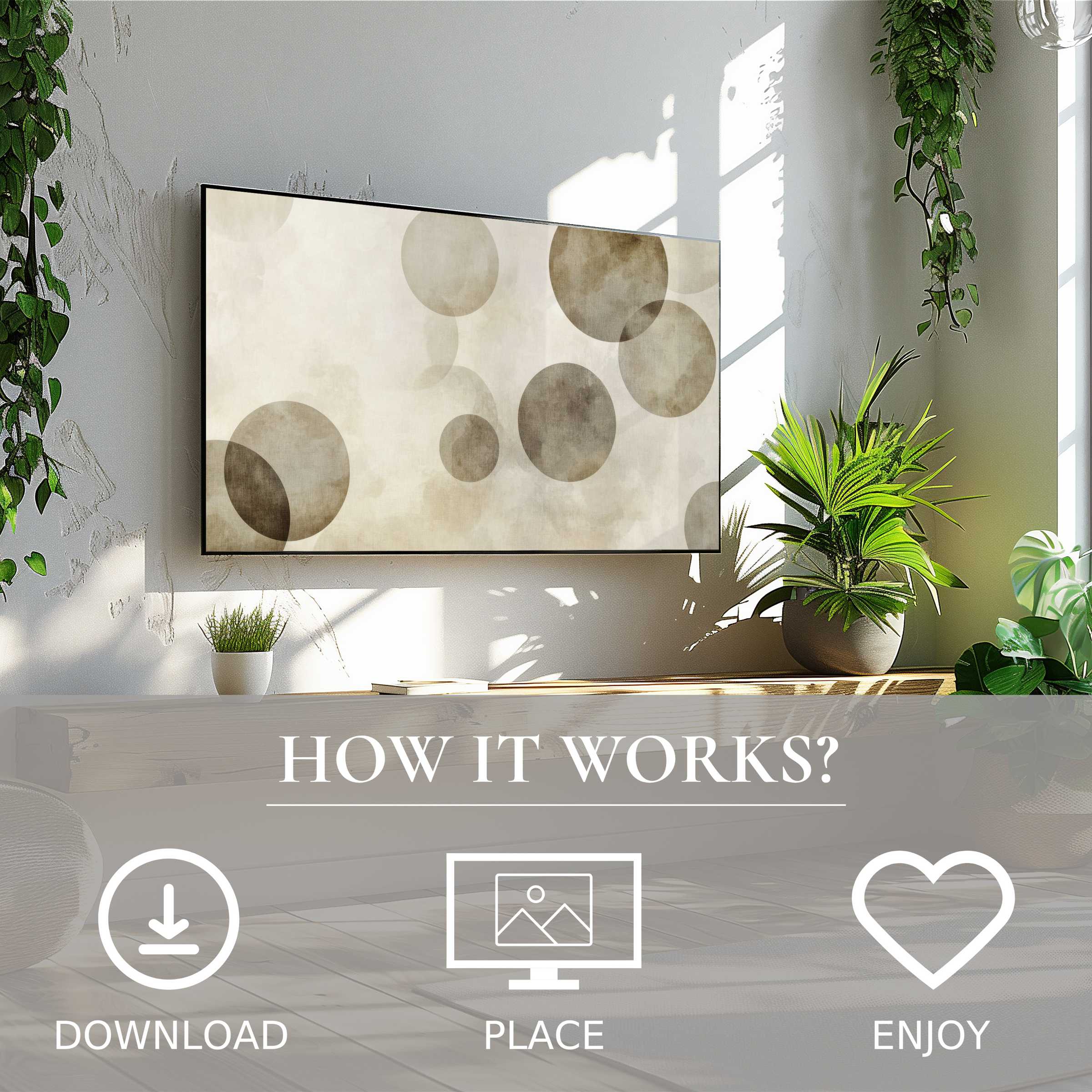 Neutral art for Samsung TV with soft taupe circle motif, easy digital download enriching modern living spaces