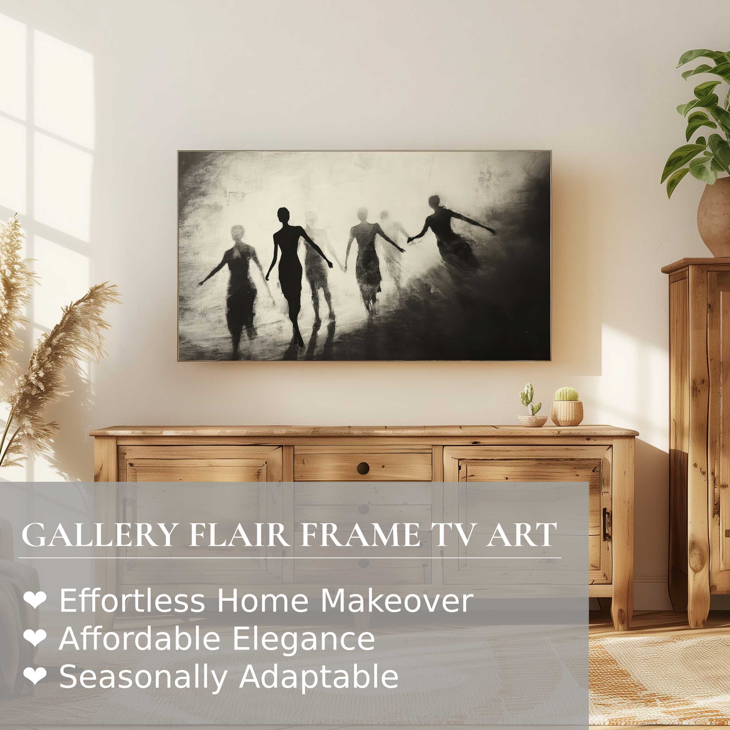 Samsung Frame TV displaying black and white digital artwork of graceful silhouettes in a minimalist modern setting
