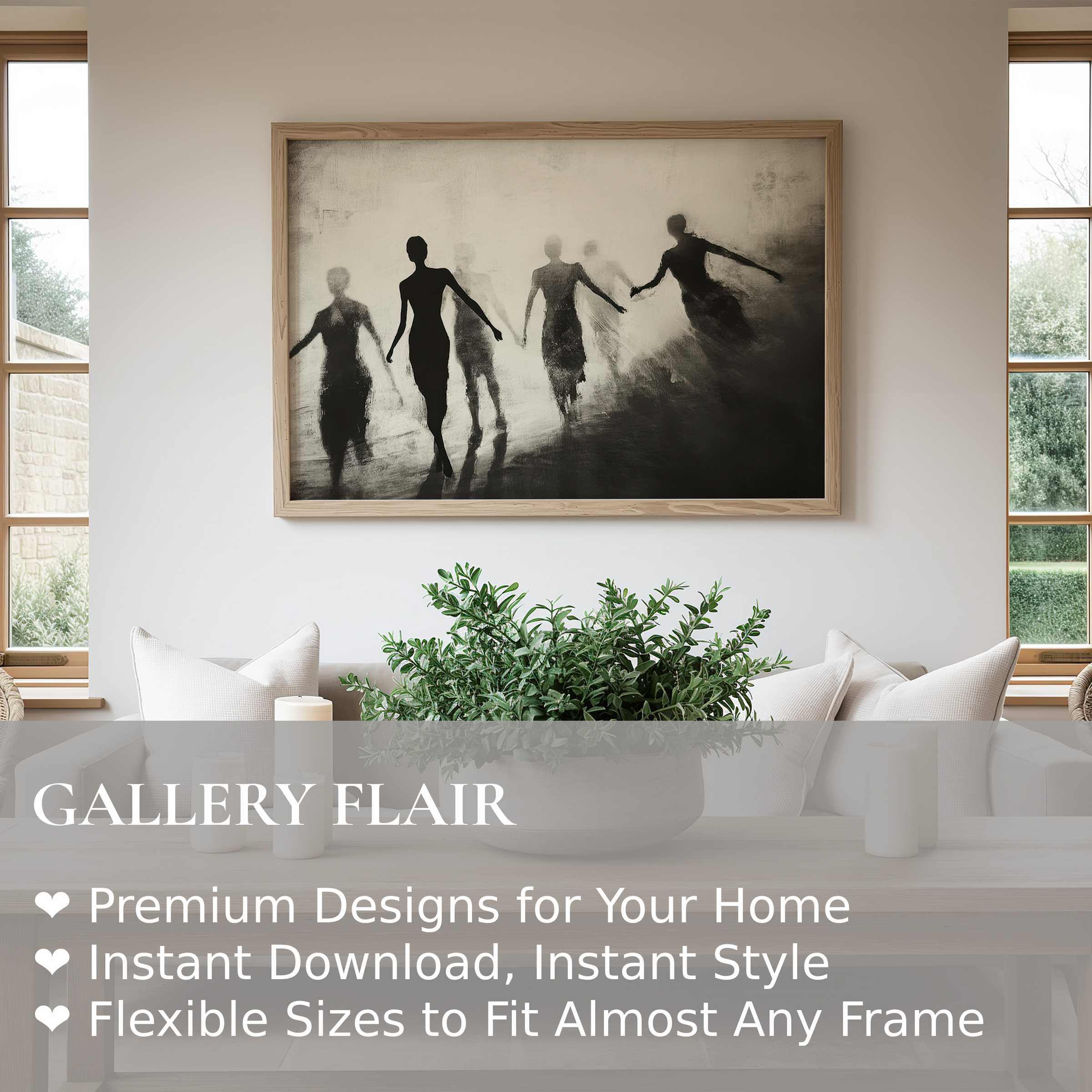 Ethereal black and white wall art print depicting graceful silhouettes in motion, elevating minimalist interiors with bold, contemporary elegance and serene ambiance