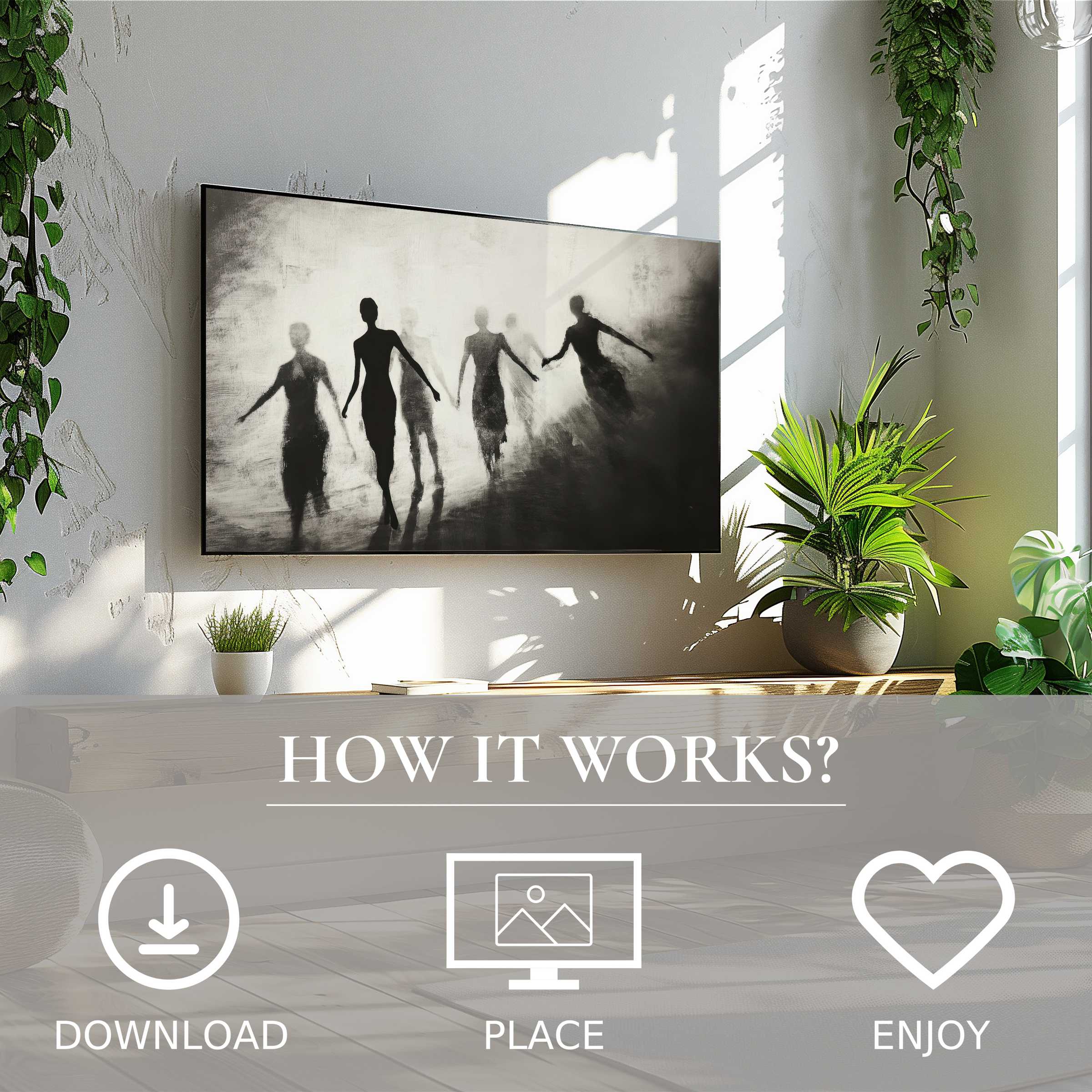 Black and white art for Samsung TV, abstract shadow figures, easy digital download enriches modern living spaces