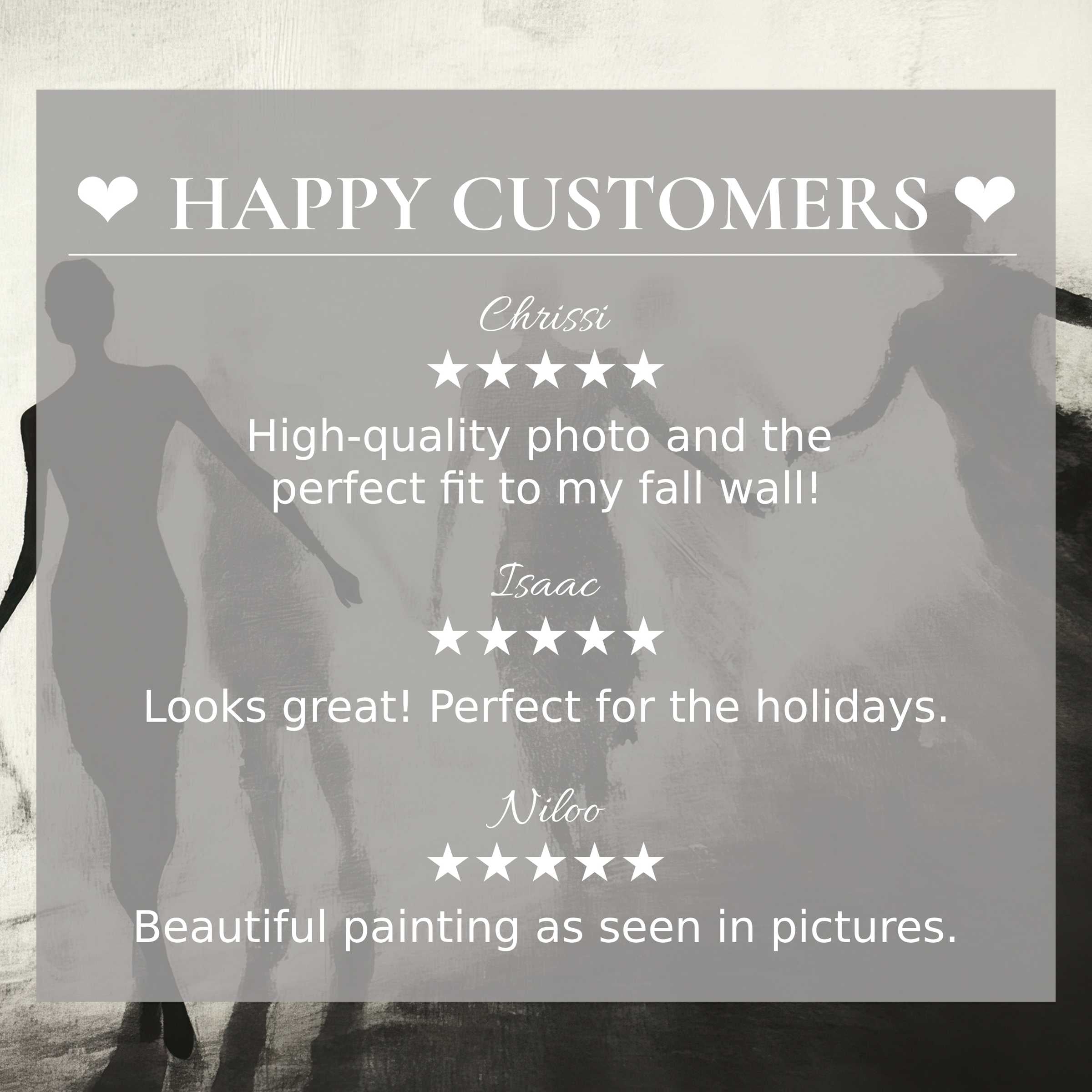 Elegant black and white art for Frame TV with silhouettes on abstract smoky background, showcasing happy customer reviews
