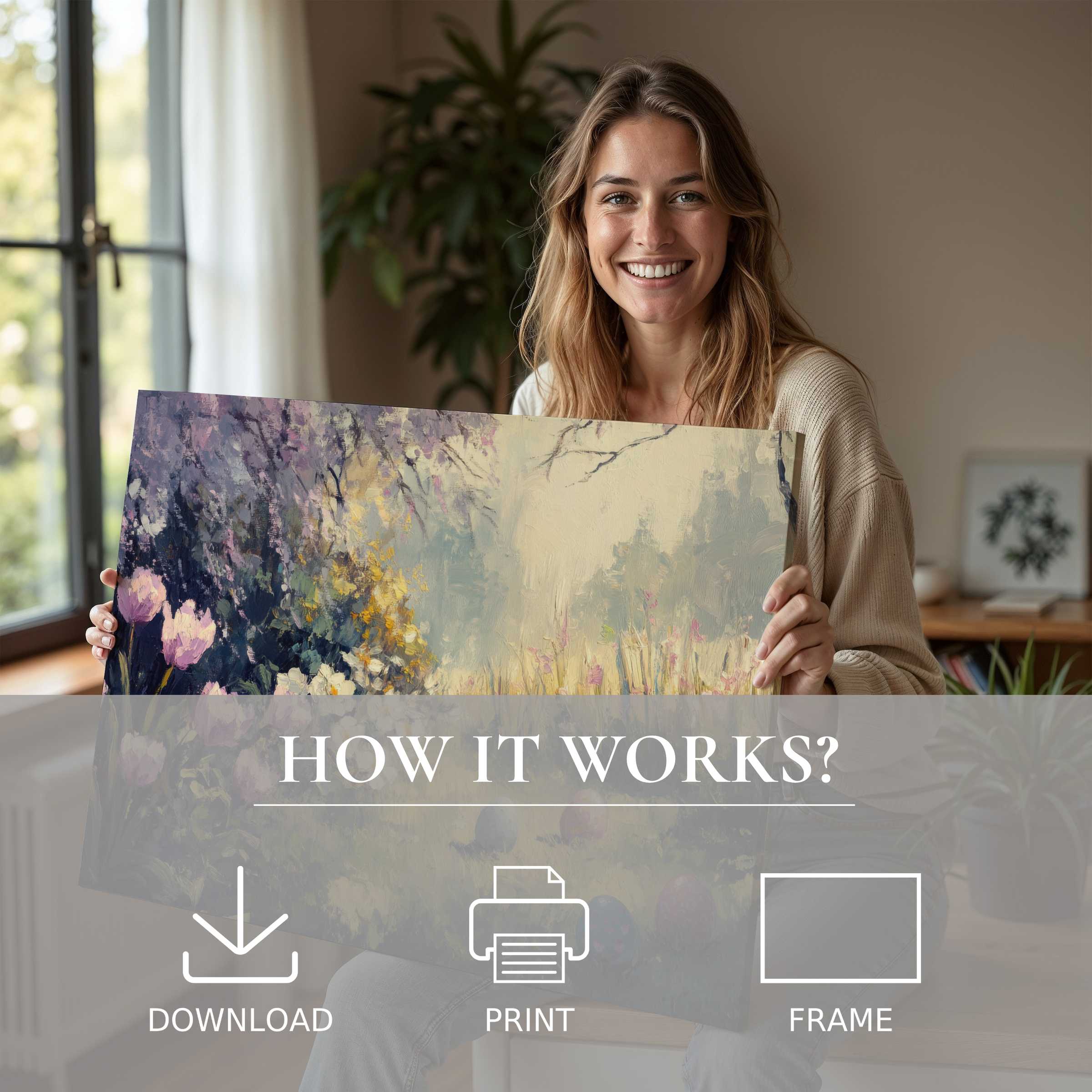 Radiant joy captures a serene moment unveiling an Easter digital art print, elevating modern living with effortless elegance