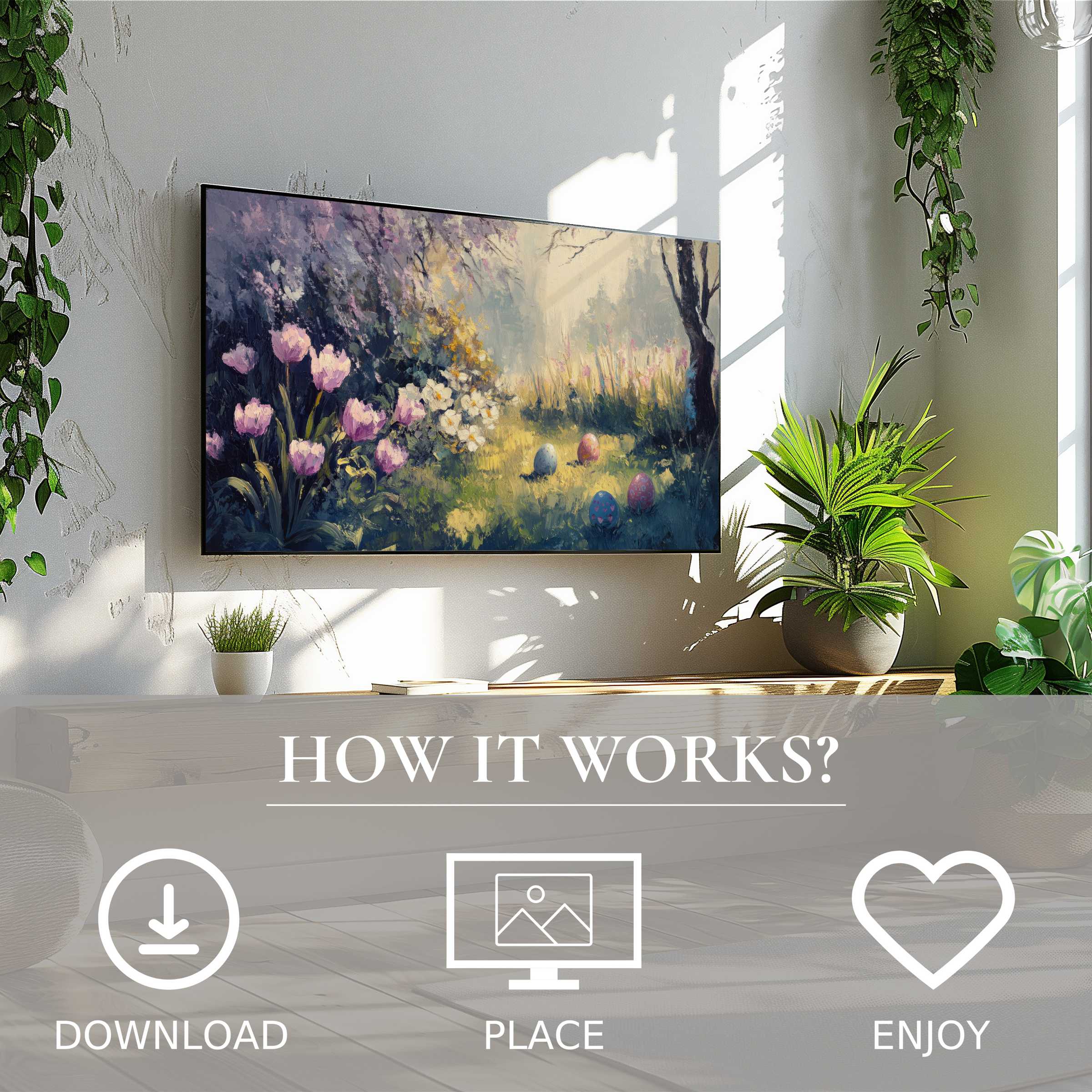 Easter art for Samsung TV shows soft spring garden tones; digital download enhances any modern living space easily