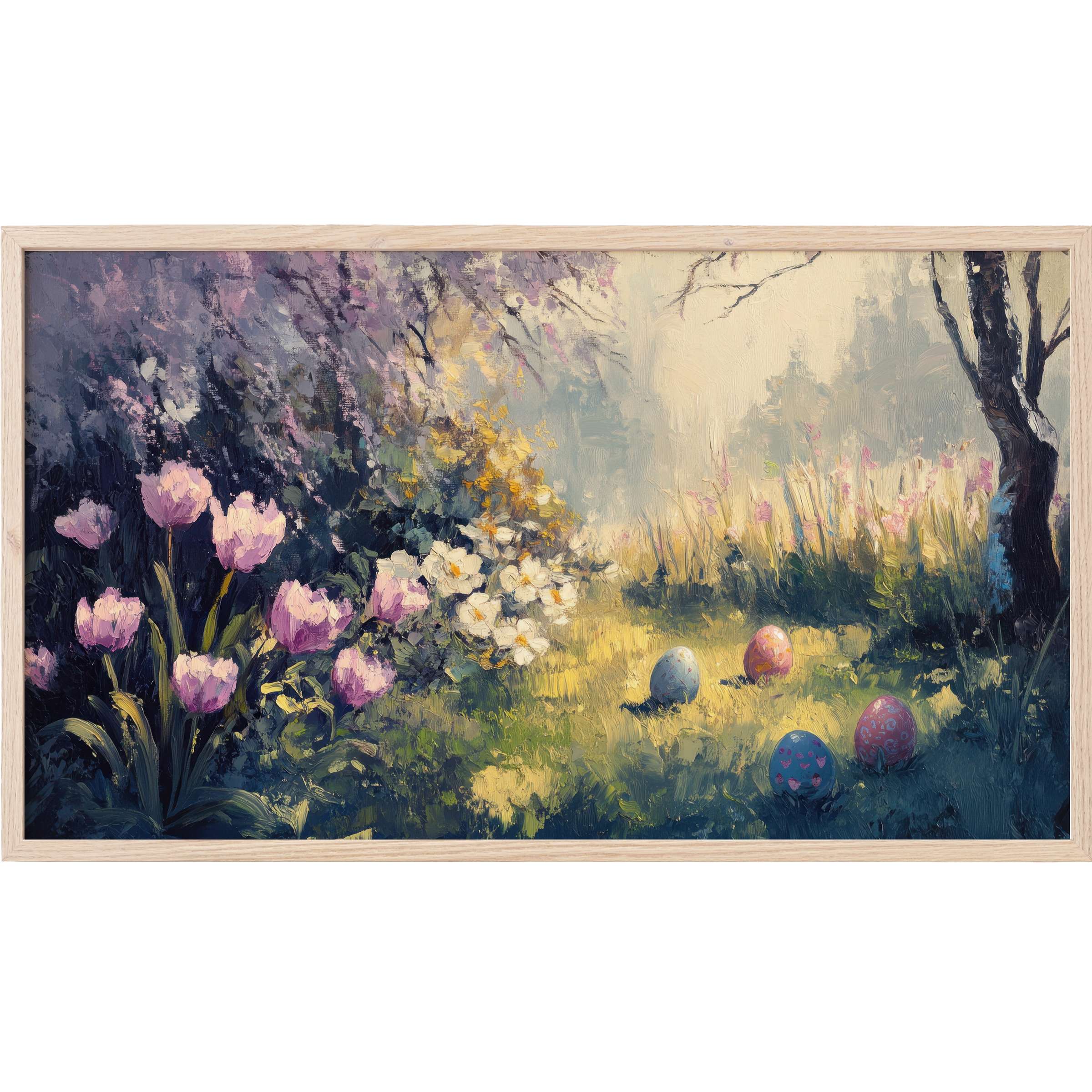 easter Frame TV Art: impressionistic spring garden with pastel flowers and decorated eggs in soft, dreamy hues