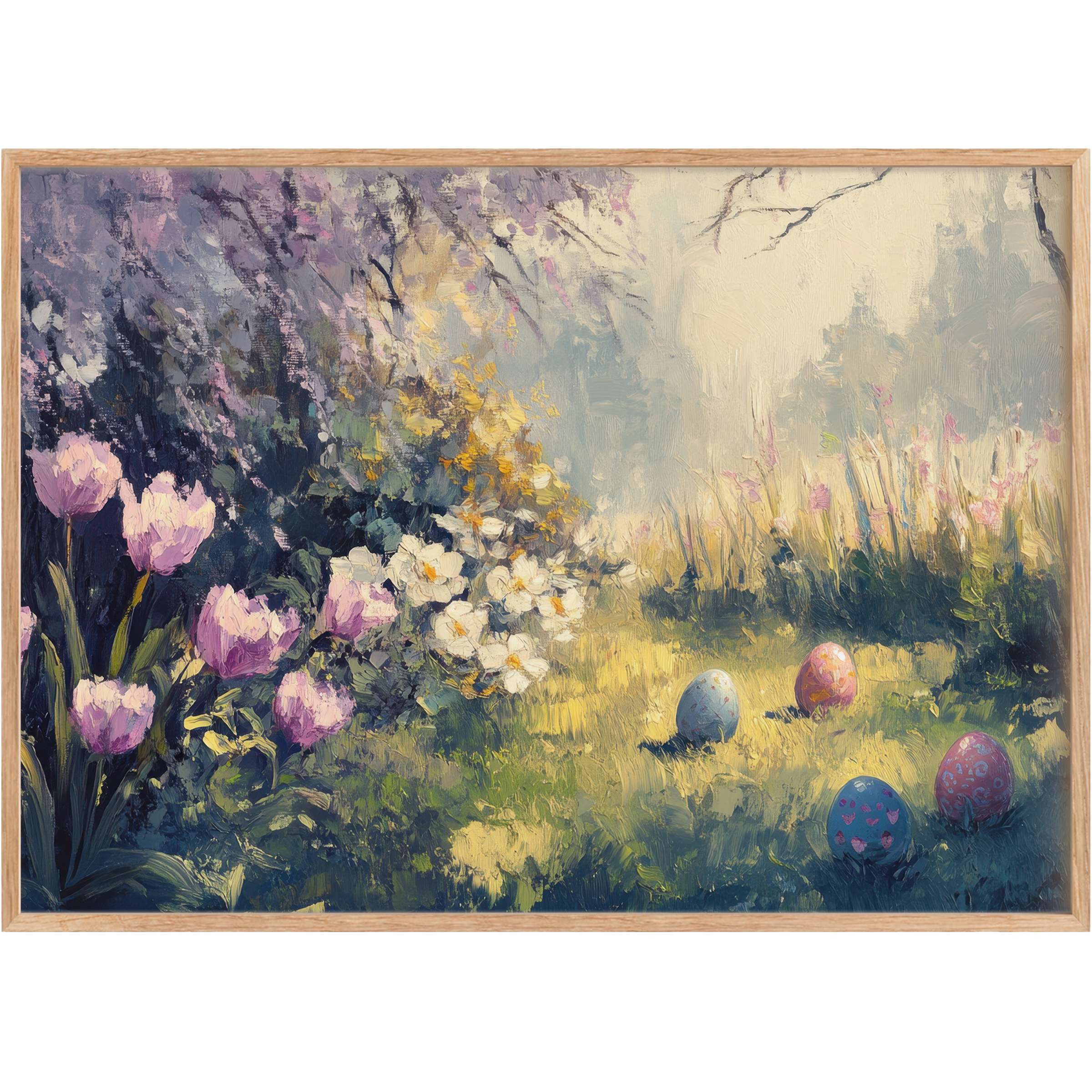 Radiant easter printable wall art with soft lilac blooms and pastel eggs, evoking serene springtime elegance in any chic space
