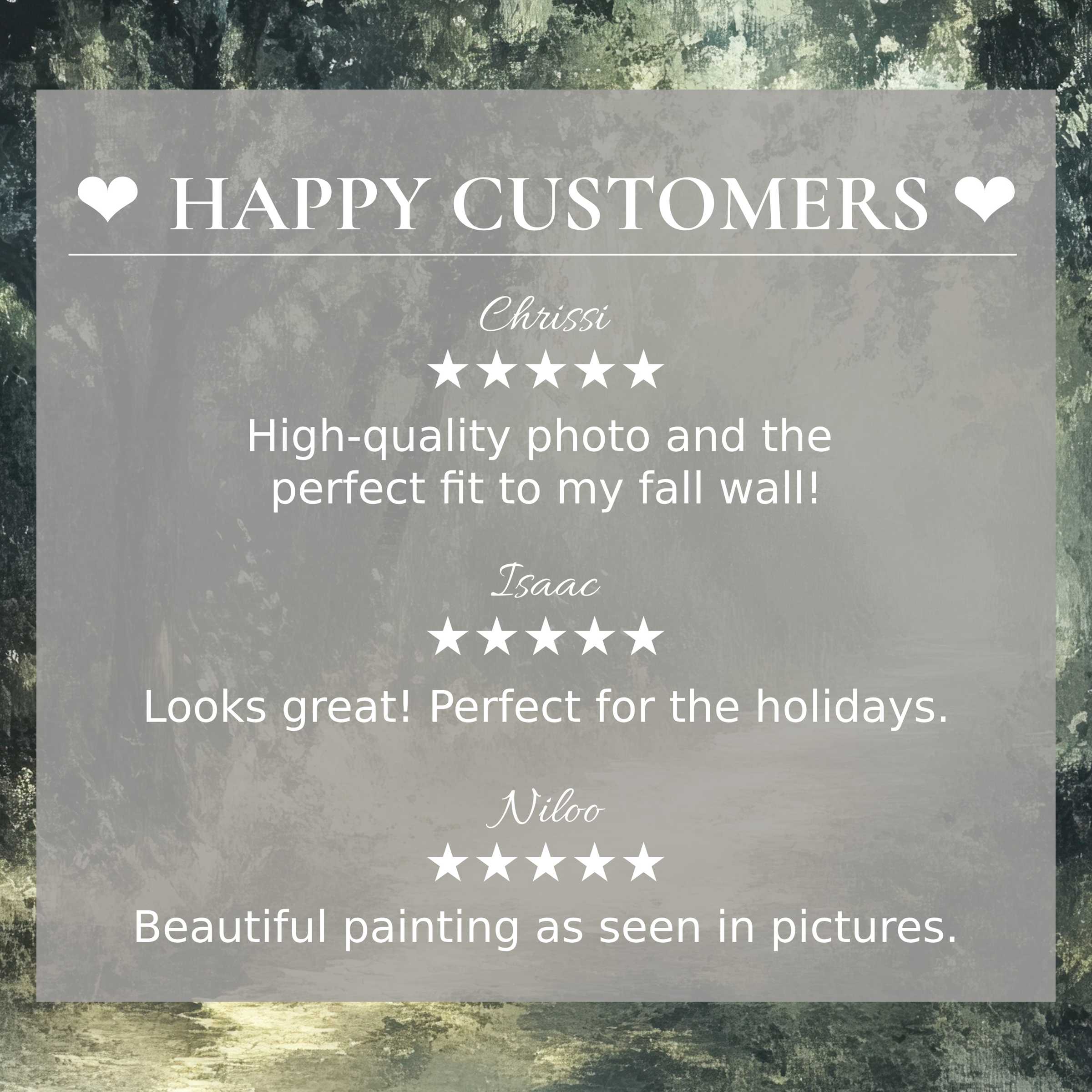 Trees art for Frame TV with muted green abstract background, showcasing happy customer reviews and refined elegance