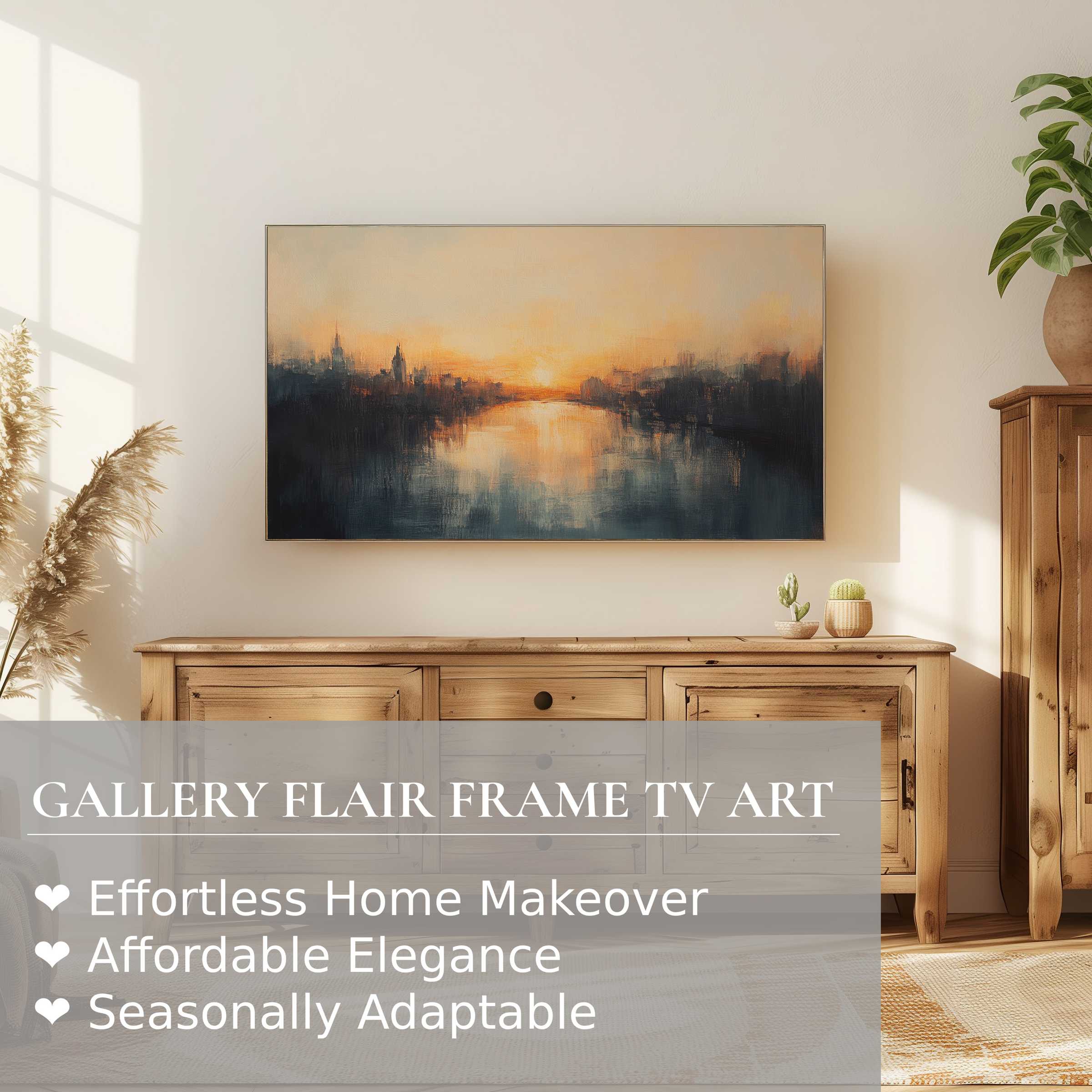 Samsung Frame TV displays urban digital artwork with a warm, impressionistic cityscape in a modern, elegant setting