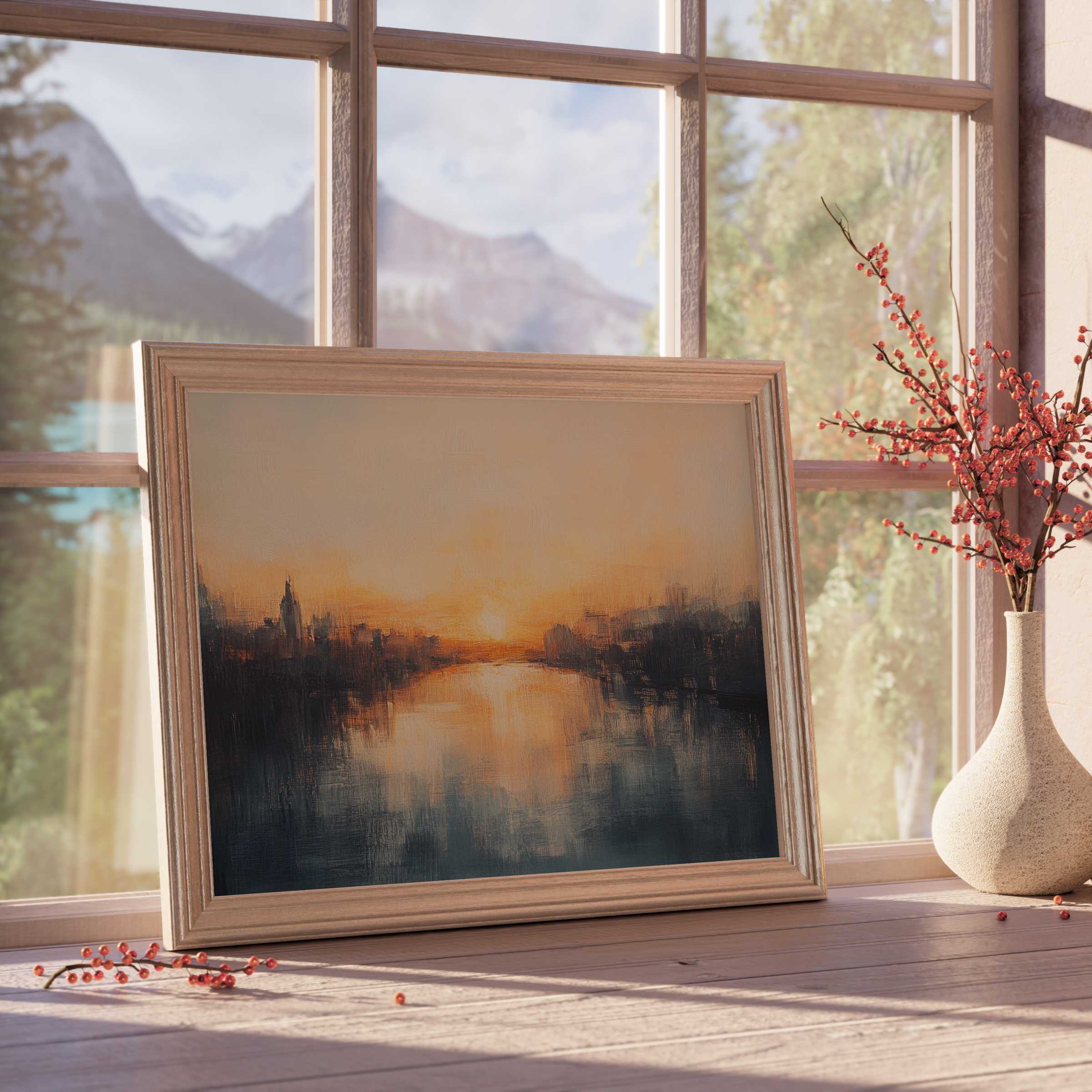 Urban downloadable art capturing a serene sunset over a misty city river, perfect for tranquil, curated interiors