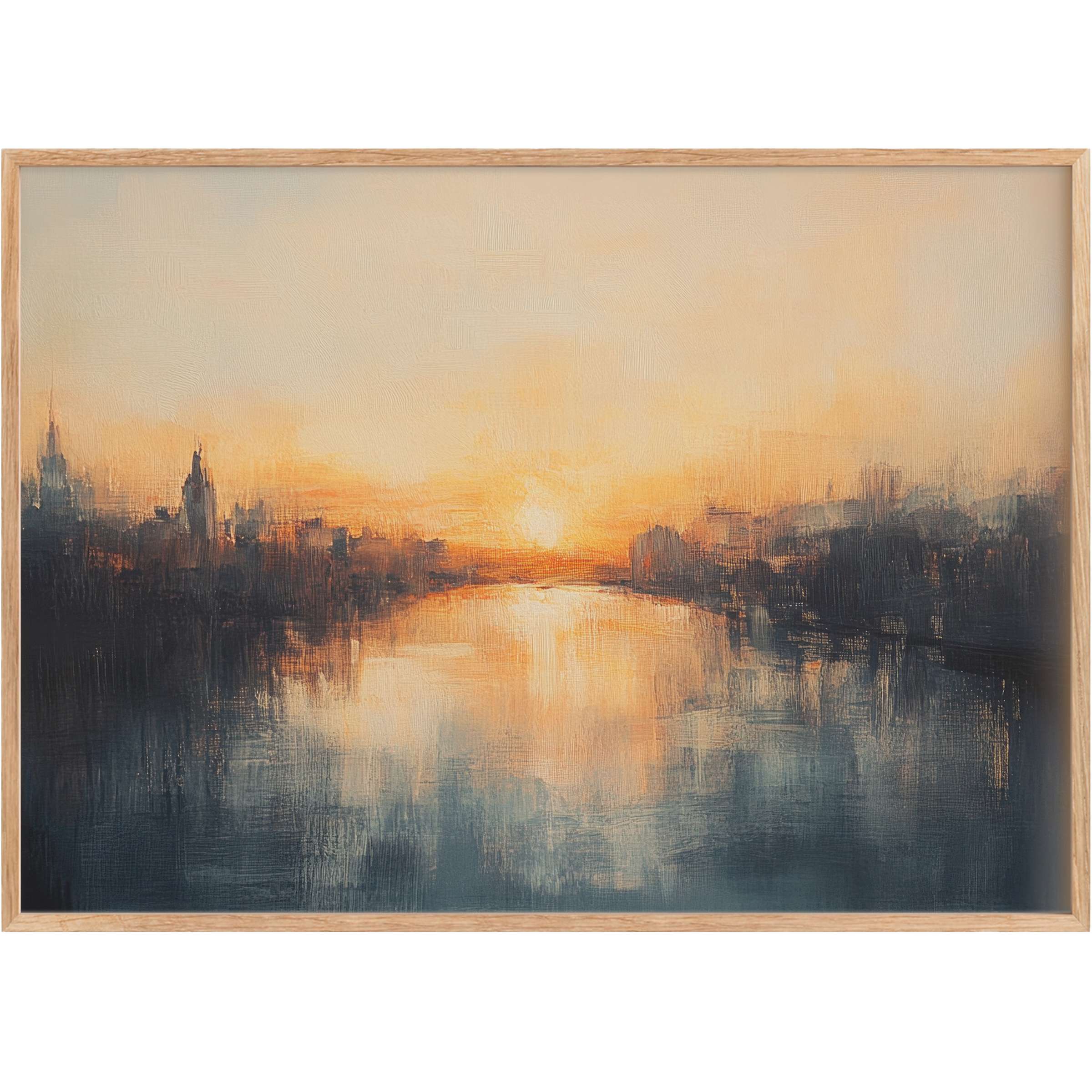 Dreamy urban printable wall art capturing a serene cityscape at sunset, blending warm amber and cool navy tones for a radiant, tranquil ambiance