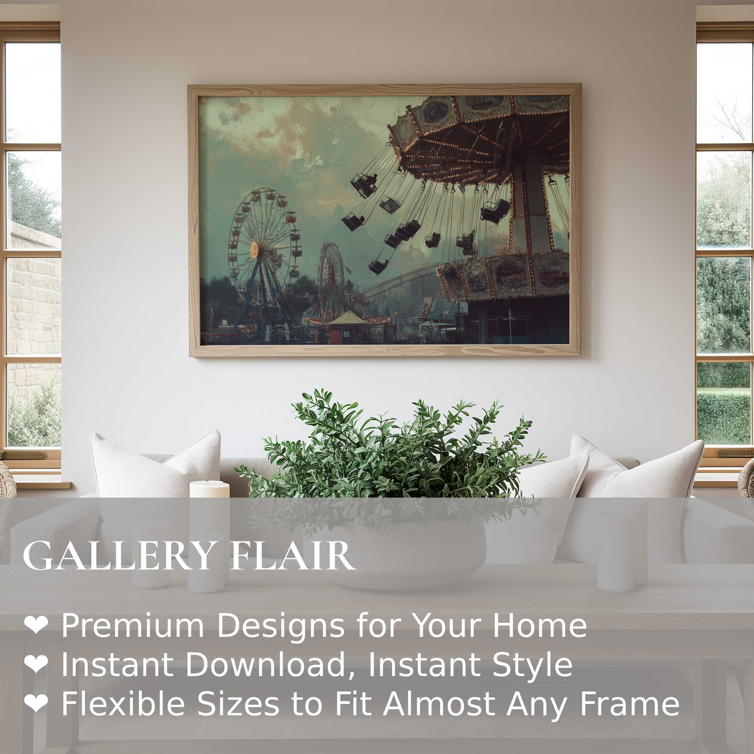 Halloween wall art print capturing a moody vintage carnival scene with eerie ferris wheels, adding sophisticated charm to modern rustic living spaces