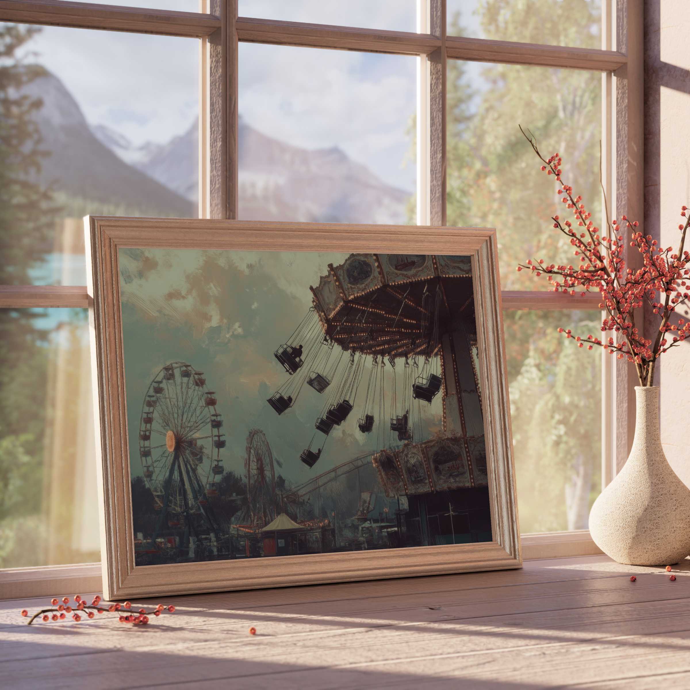 Halloween downloadable art featuring a vintage carnival swing ride framed in warm light, elevating curated, serene interiors