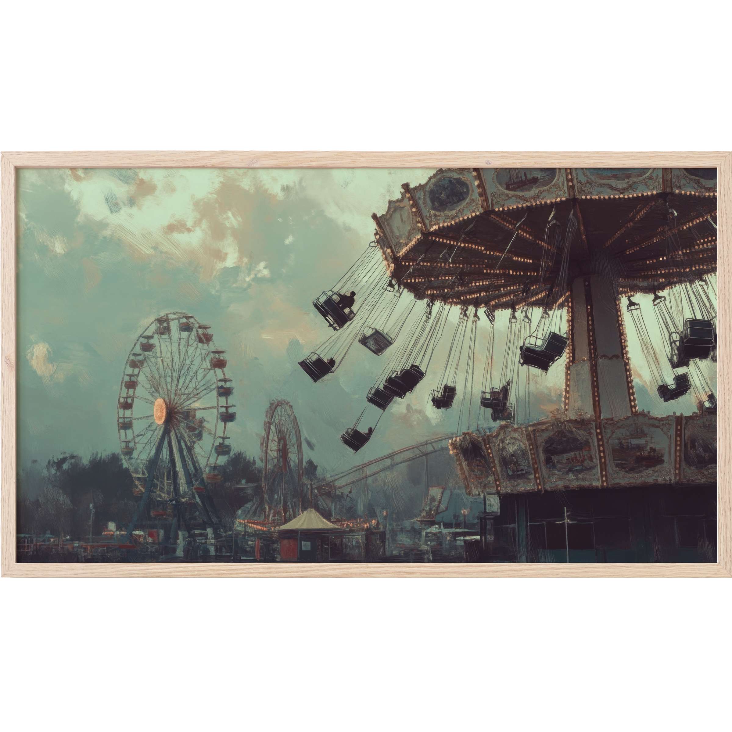 Moody carnival scene in muted teal and sepia tones with vintage swing ride and ferris wheel, halloween Frame TV Art