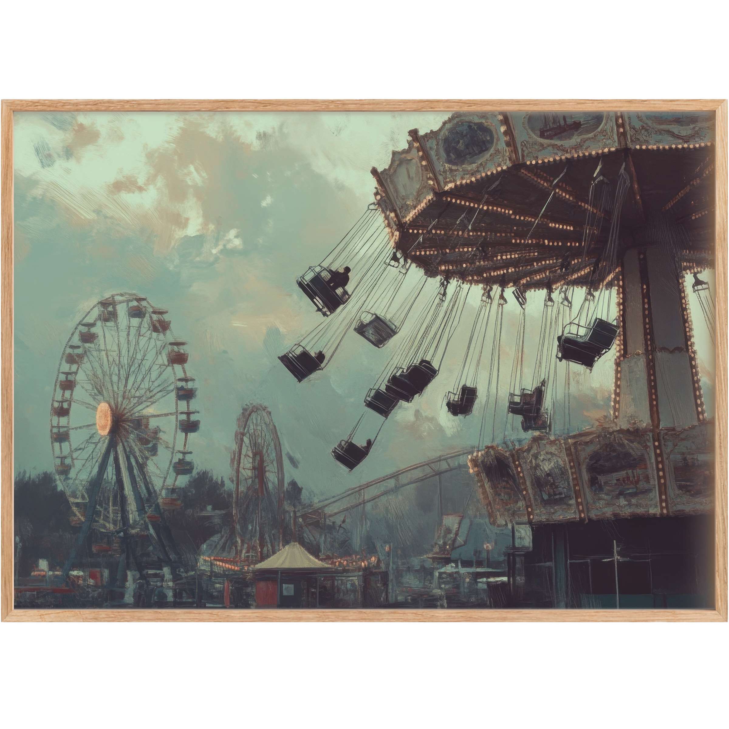 Ethereal halloween printable wall art blending twilight blues and soft ambers, evoking a haunting yet nostalgic carnival mood