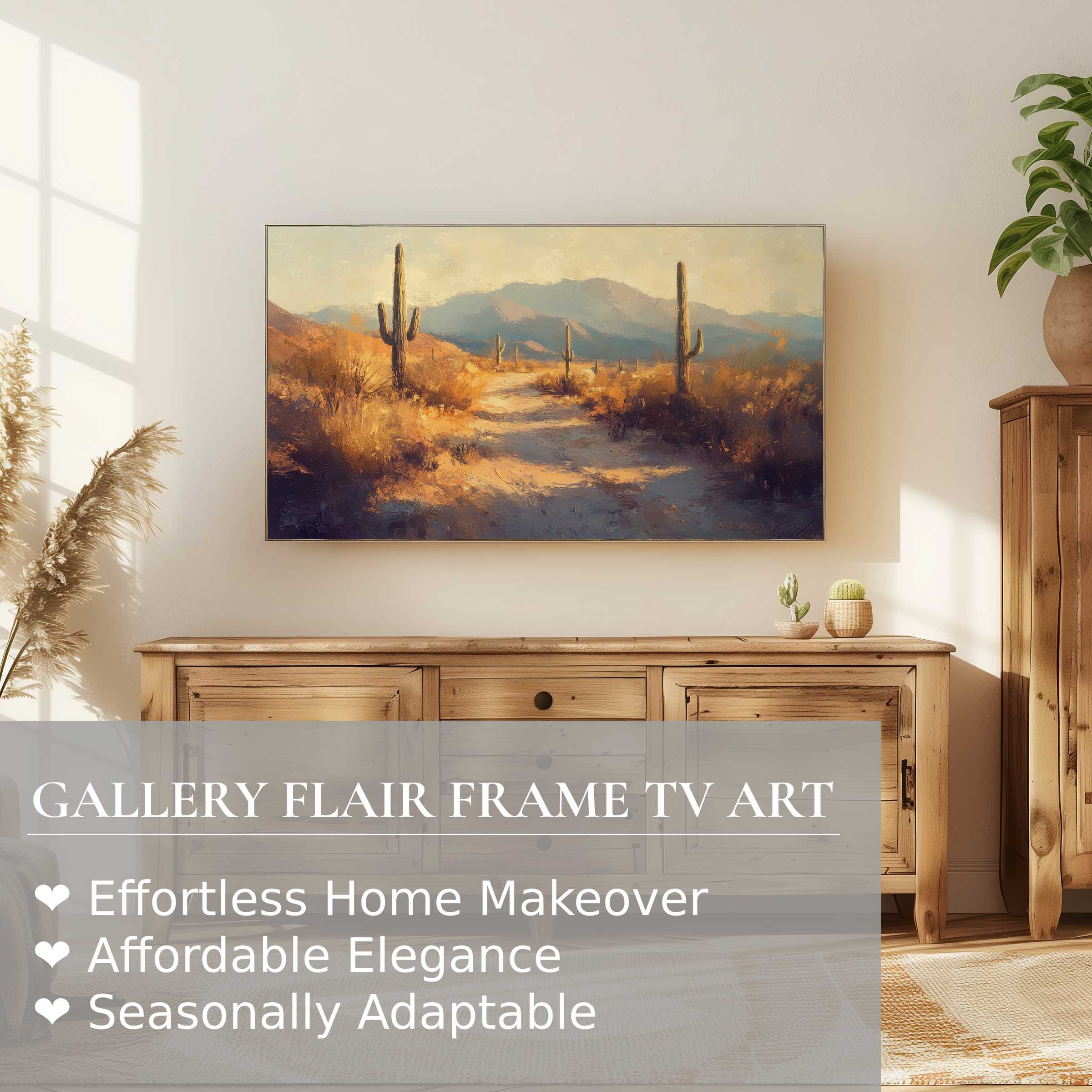 Samsung Frame TV displaying warm summer digital artwork of a serene desert landscape with cacti and mountains