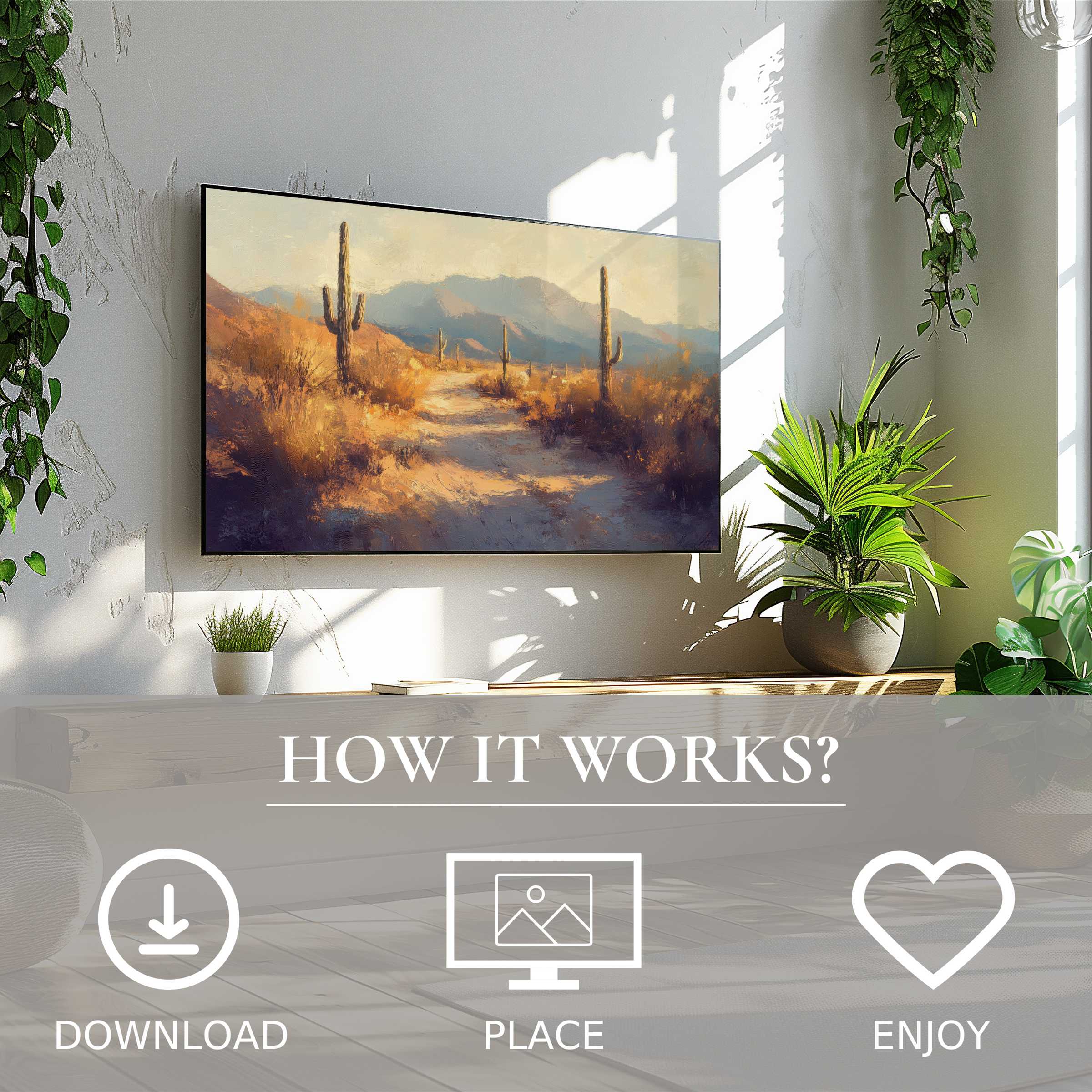 Summer art for Samsung TV: easy digital download featuring warm desert sunset tones enriching modern living spaces