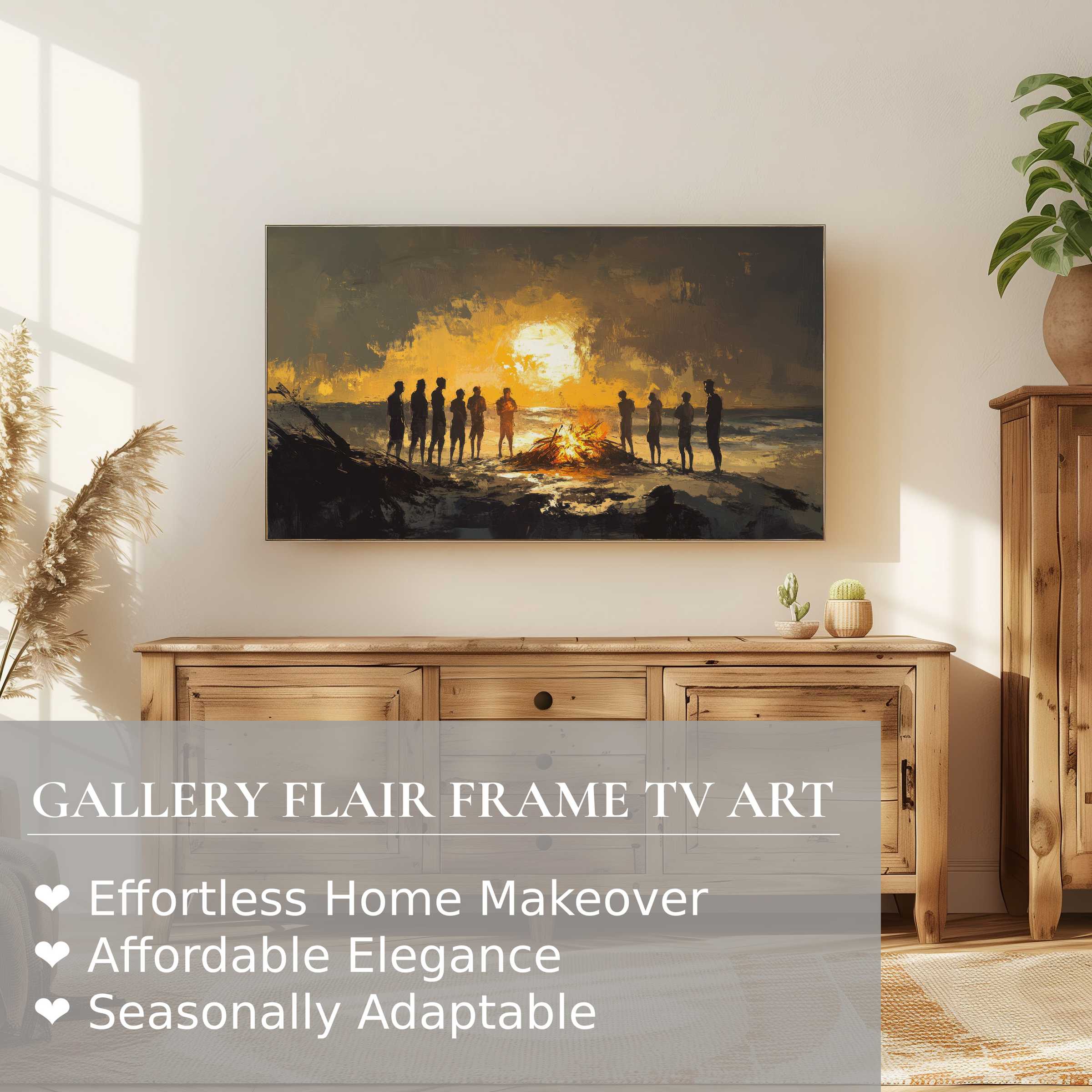 Samsung Frame TV showcasing warm beach digital artwork with sunset and silhouettes in a stylish modern room